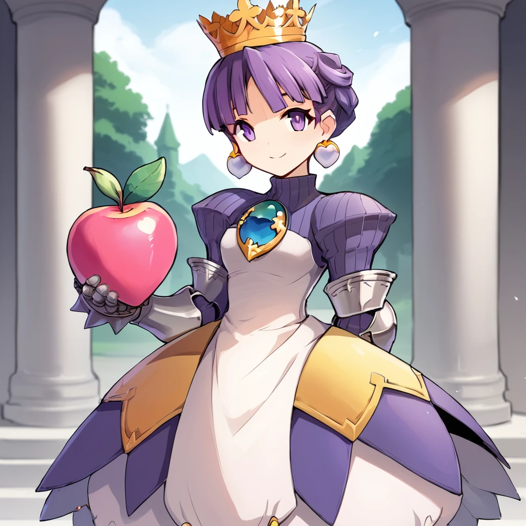 score_9, score_8_up, score_7_up, BREAK source_anime, rating_explicit, best quality, masterpiece, uncensored, 1girl, <lora:gradriel_pony:1> gradriel, purple hair, short hair, crown, dress, armor, jewelry, earrings, gauntlets, armored dress, smile, closed mouth, (heart-shaped fruit), newest