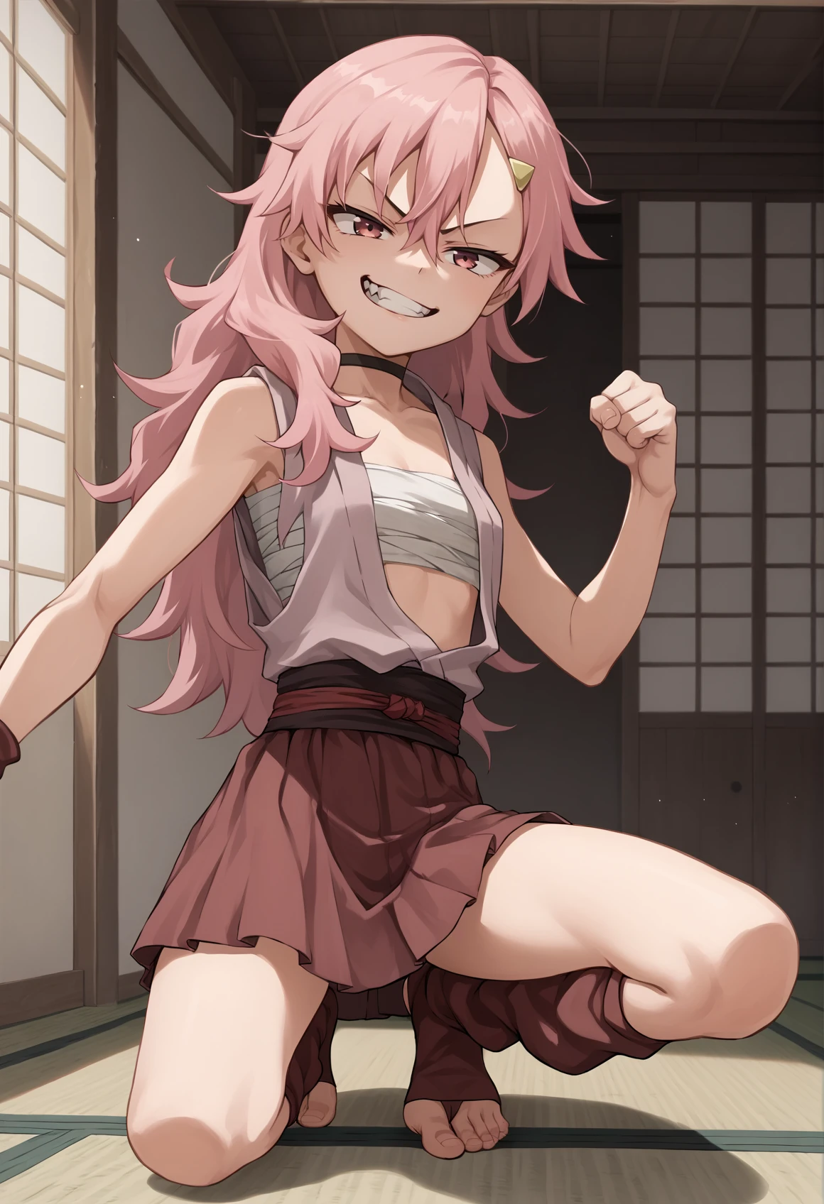 1girl, long hair, pink hair, pink eyes, messy hair, hairpin, sleeveless, open clothes, chest sarashi, choker, skirt, leg warmers, toeless legwear, smug, teeth, indoors, on one knee, holding kunai, serious, japanese house, fighting stance <lora:tsubaki_kunoichi:1>, score_9, score_8_up, score_7_up, score_6_up, score_5_up, score_4_up, BREAK source_anime, masterpiece