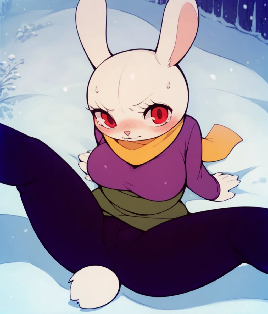 Score_9,score_8_up,score_7_up,score_6_up,score_5_up,score_4_up,1girl,solo,furry,bunny,red eyes,longeyelashes,big breasts,curvy,no humans,white skin,yellow scarf,purple_shirt,green_sash,black pants,rabbit_tail,looking at viewer,legs apart,blush,sweat,scared,sitting,snowing,snowfield,pov,from above,cartoonized,<lora:Role_Mother_rabbit:0.9>,
