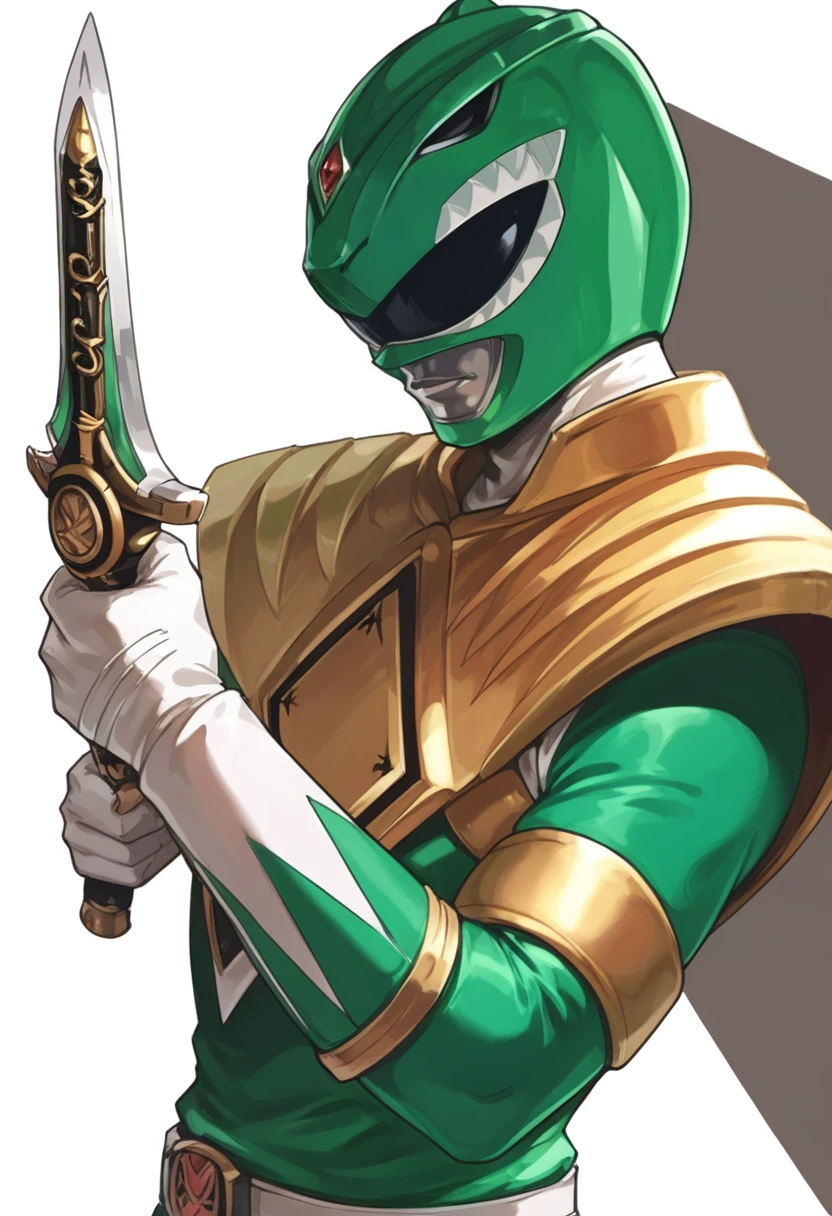 (score_9:0.9),score_8_up,score_7_up,anime style,rating_safe,<lora:Green Ranger ponyXL v2:0.88>,1boy,weapon,solo,holding,holding weapon,white background,simple background,dagger,holding dagger,from side,helmet,Green Ranger