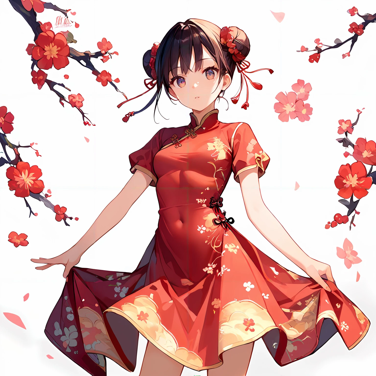 score_9, score_8_up, score_7_up,source_anime, high res image,masterpiece,best quality,girl,cute face,simple background, <lora:china dress_Pony_V1.0:0.8> jyojifuku, china dress, skirt, double bun, floral print