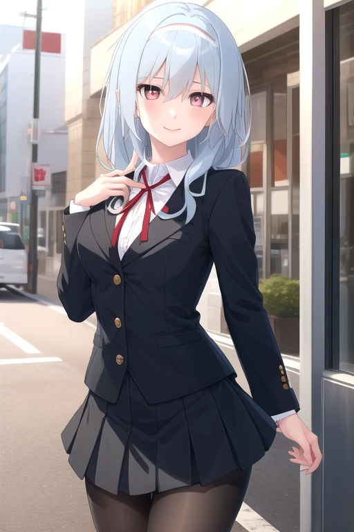 ((masterpiece)),(best quality),official art,extremely delicate and beautiful,extremely detailed CG,unity 8k wallpaper,ultra detailed,beautiful detailed eyes,extremely detailed face,outdoors,1girl,solo,cowboy shot,looking at viewer,facing viewer,smile,(petite:1.2),Karakuchi Hibana,long hair,light blue hair,hair ornament,white hairband,hair intakes,sidelocks,hair between eyes,red eyes,school uniform,black jacket,blazer,neck ribbon,red ribbon,white shirt,collared shirt,dress shirt,buttons,medium breasts,long sleeves,large breasts,miniskirt,black skirt,pleated skirt,frilled skirt,black pantyhose,loafers,<lora:Karakuchi Hibana(kahd)>,