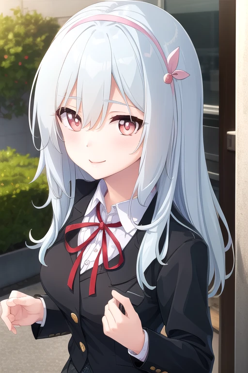 ((masterpiece)),(best quality),official art,extremely delicate and beautiful,extremely detailed CG,unity 8k wallpaper,ultra detailed,beautiful detailed eyes,extremely detailed face,outdoors,1girl,solo,upper body,(portrait:1.5),looking at viewer,facing viewer,smile,(petite:1.2),Karakuchi Hibana,long hair,light blue hair,hair ornament,white hairband,hair intakes,sidelocks,hair between eyes,red eyes,school uniform,black jacket,blazer,neck ribbon,red ribbon,white shirt,collared shirt,dress shirt,buttons,medium breasts,long sleeves,large breasts,miniskirt,black skirt,pleated skirt,frilled skirt,black pantyhose,loafers,<lora:Karakuchi Hibana(kahd)>,