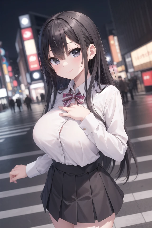 insanely detailed, absurdres, ultra-highres, ultra-detailed, best quality,
1girl, solo, nice hands, perfect hands,
BREAK
(wearing winter school uniform),
happy smile, laugh, closed mouth,
standing, 45 angle, (cowboy shot:1.3), looking at viewer,
BREAK
slender, kawaii, perfect symmetrical face, ultra cute girl, ultra cute face, ultra detailed eyes, ultra detailed hair, ultra cute, ultra beautiful,
by Canon EOS, SIGMA Art Lens 35mm F1.4, ISO 200 Shutter Speed 2000,
BREAK
(night, dark background:1.3), cityscape, street, tokyo, shibuya,
(very wide, panorama view, sense of depth, magnificent view:1.3),
medium large breasts,
BREAK
black hair, long hair,black eyes, hair between eyes