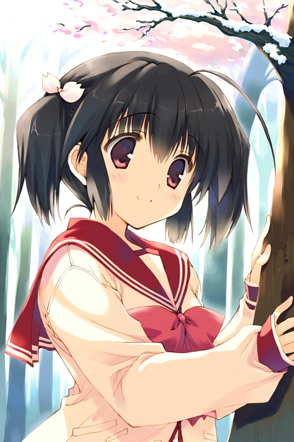 core_9,score_8_up,uncensored,1girl,<lora:yuzuhara konomi:1>,yuzuhara konomi, 1girl, solo, scarf, school uniform, black hair, twintails, smile, red eyes, bow, upper body, hair ornament, blush, skirt, long sleeves, outdoors, short hair, ahoge, serafuku, bangs, tree, core_9,score_8_up,uncensored,1girl