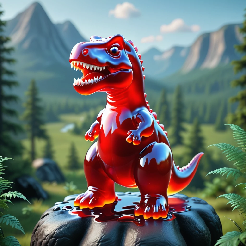 an mdgmmy red t-rex in a scenic vista<lora:gummy:1>