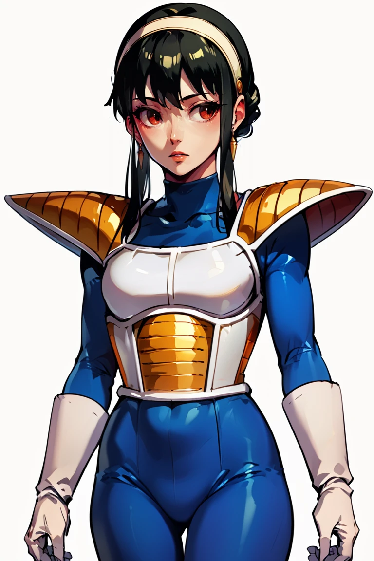 rating_safe, cowboy shot, score_9, score_8_up, score_7_up, score_6_up, source_anime, yor briar, white saiyanarmor, shoulder pads, blue bodysuit, white gloves, looking to the side, parted lips, white background, simple background
<lora:SaiyanArmorPony:1>