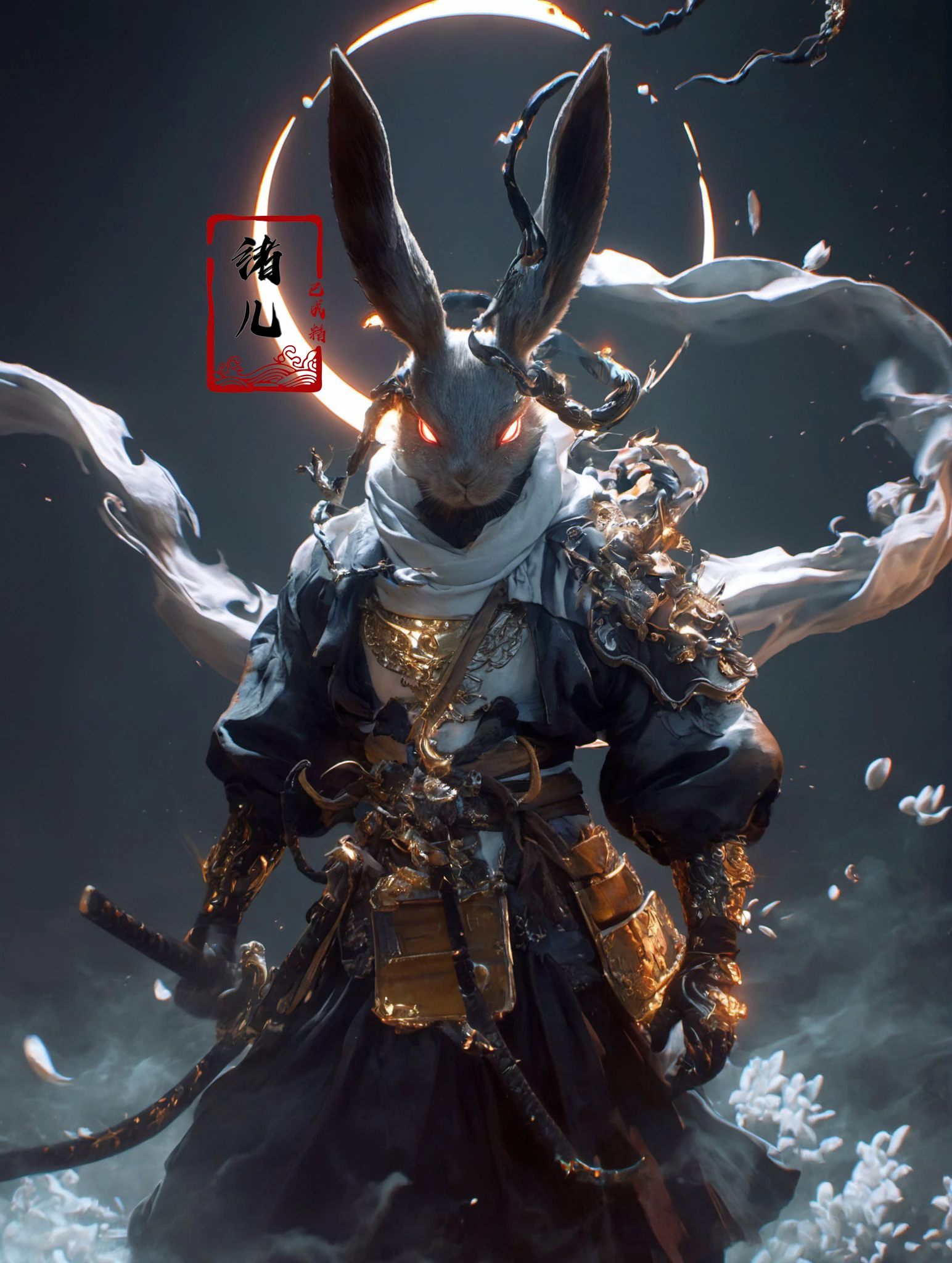 XUER Rabbit anthropomorphic,(furry,rabbit:1.5),<lora:~Q?XL bNSQT[P XUER Rabbit anthropomorphic:1>,manga cover,wealthy portraiture,poster art,rich colors,high contrast,
(best quality,official art,beautiful and aesthetic:1.2),(fractal art:1.2),offcial art,colorful,Colorful background,splash of color,movie perspective,advertising style,magazine cover,
XUER Rabbit anthropomorphic,solo,looking at viewer,red eyes,1boy,holding,animal ears,standing,male focus,japanese clothes,sword,scarf,holding weapon,armor,rabbit ears,no humans,glowing,moon,katana,shoulder armor,sheath,glowing eyes,furry,rabbit,sheathed,white scarf,japanese armor,samurai