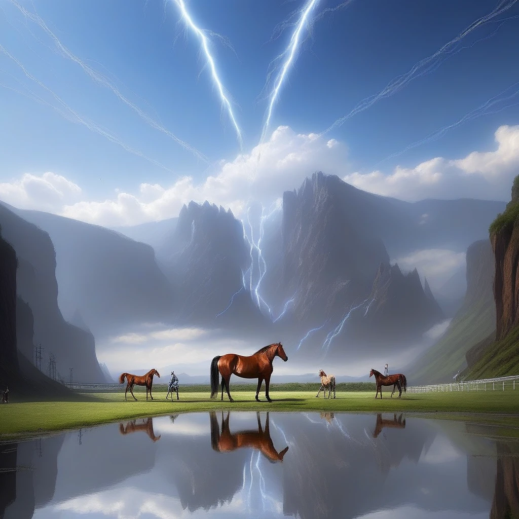 nature, blue sky, electricity, horse, mountain, standing, reflection, signature, sky