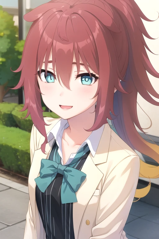 ((masterpiece)),(best quality),official art,extremely delicate and beautiful,extremely detailed CG,unity 8k wallpaper,ultra detailed,beautiful detailed eyes,extremely detailed face,outdoors,1girl,solo,upper body,(portrait:1.5),looking at viewer,facing viewer,smile,(petite:1.2),Shishikura Ooga,long hair,messy hair,red hair,high ponytail,gradient hair,hair between eyes,bangs,aqua eyes,collarbone,school uniform,green bowtie,loose bowtie,jacket,blazer,open clothes,collared shirt,black skirt,long sleeves,medium breasts,miniskirt,black skirt,pleated skirt,frilled skirt,white socks,loose socks,loafers,brown footwear,<lora:Shishikura Ooga(kahd)>,