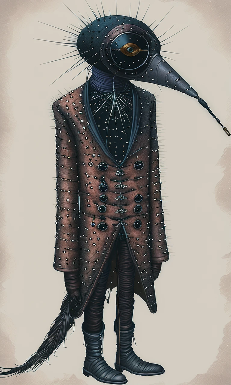 serco style, plague doctor in Victorian attire, textured coat with rivet embellishments, elongated beak mask with a single gleaming eye, stark contrast between dark clothing and pale background, delicate spiderweb patterns on the torso, ominous yet elegant, steampunk-inspired fashion, a sense of historical fiction with a dark twist <lora:serco3_XL:1>