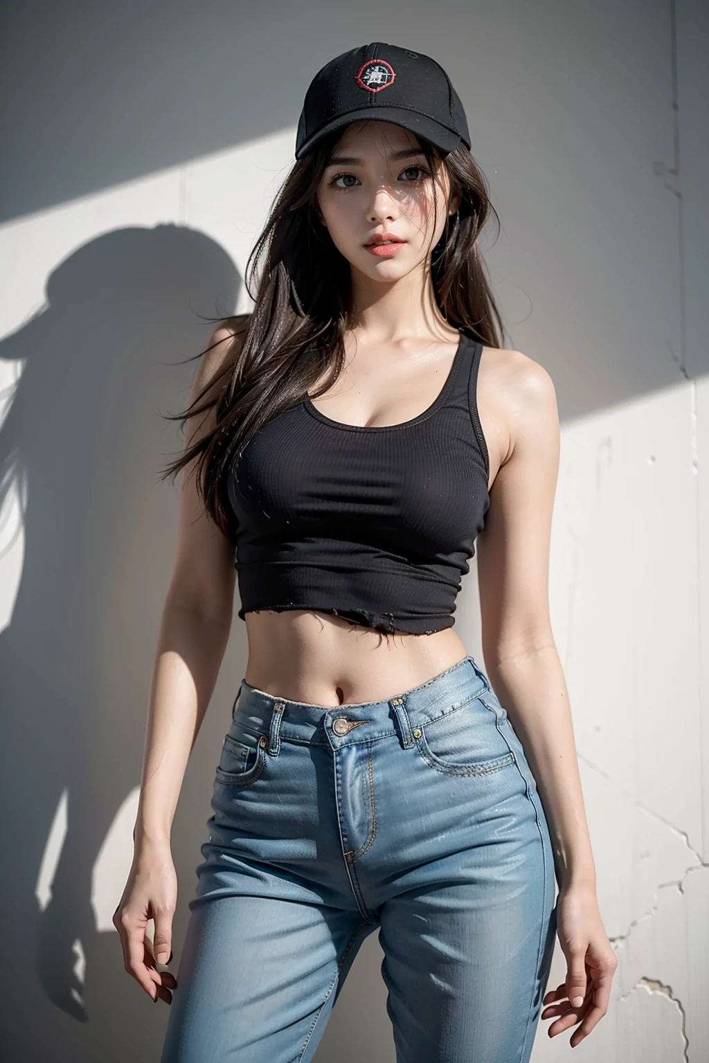 ((RAW photo:1.2)), ((masterpiece:1.2, best quality:1.2)), highres, 8k, amazing, (photo-realistic:1.4), naturalness, ultra detailed, (best shadow), (exquisitely detailed real skin texture, Detailed shiny skin), (perfect anatomy:1.7), (cinematic lighting), glowing eyes, glowing lips,
BREAK
1girl,Golden Messy Side Swept Hair with Low Fade, large breasts,Wide pants, white denim, baggy pants, damage, nike sneakers, tank tops, work clothes, caps, Large size clothes,Plain, unpatterned, simple, navel