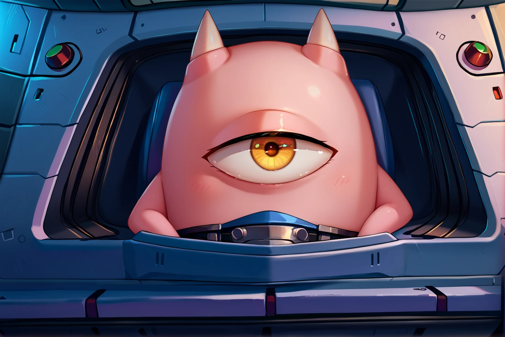 score_9, score_8_up, score_7_up, score_6_up, Detailed Background, BREAK
<lora:Manako_One_Punch_Man:0.8>, 1girl, manako, cyclops, yellow eyes, no humans, pink skin, BREAK
Sci-fi, armor, gloves, boots, high tech, cockpit,