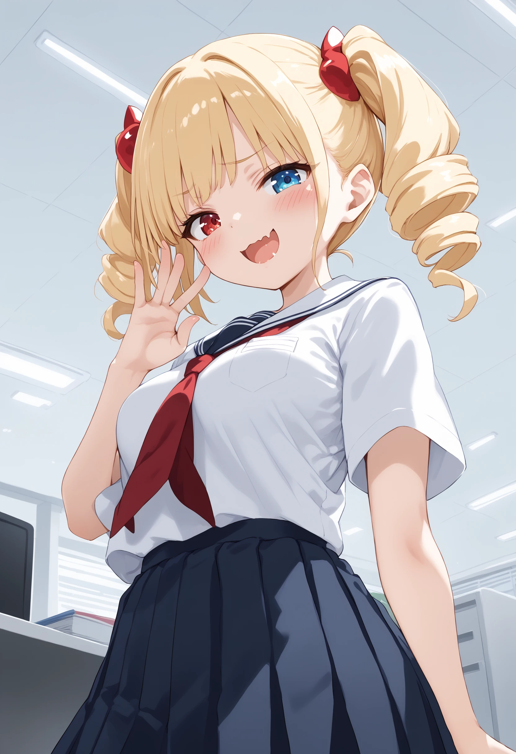 (masterpiece:1.2) , (best quality:1.2) , (ultra-detailed:1.2), 2.5D,extremely detailed,anime,girl,blonde hair,side ponytail,BREAK,red eyes,BREAK,school gym,BREAK,gmy shirt,(gmy buruma:1.4) ,action,comeltoe,smile,:d