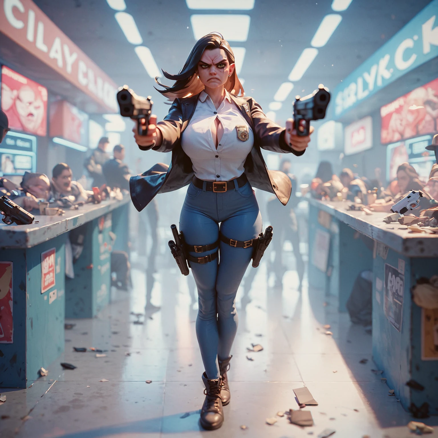 (busty,curvy)woman,(tube top,miniskirt),(bouncy,jiggly)dance,(blood, nosebleed)eruption and(pass out,faint)few(bystanders,onlookers). Subway(station,metro,underground). (best quality,4k,highres,masterpiece:1.2),ultra-detailed,realistic:1.37,(vibrant colors,vivid hues),(dynamic lighting,spotlights,ambient lighting),(cityscape,urban background),portrait. Please note that the prompt includes important tags first and then less important details. The prompt describes a scene involving a curvy woman wearing a tube top and a mini skirt. She is dancing in a bouncy and jiggly manner. As a result of her dance moves, a few bystanders experience a sudden blood eruption from their nose and they faint. The scene takes place in a subway station, which is depicted with great quality, ultra-detailed, and realistic. The colors are vibrant and the lighting is dynamic, with spotlights and ambient lighting. The background shows a cityscape or an urban environment. Overall, the prompt aims to generate a high-quality and detailed image with a realistic and dynamic atmosphere.