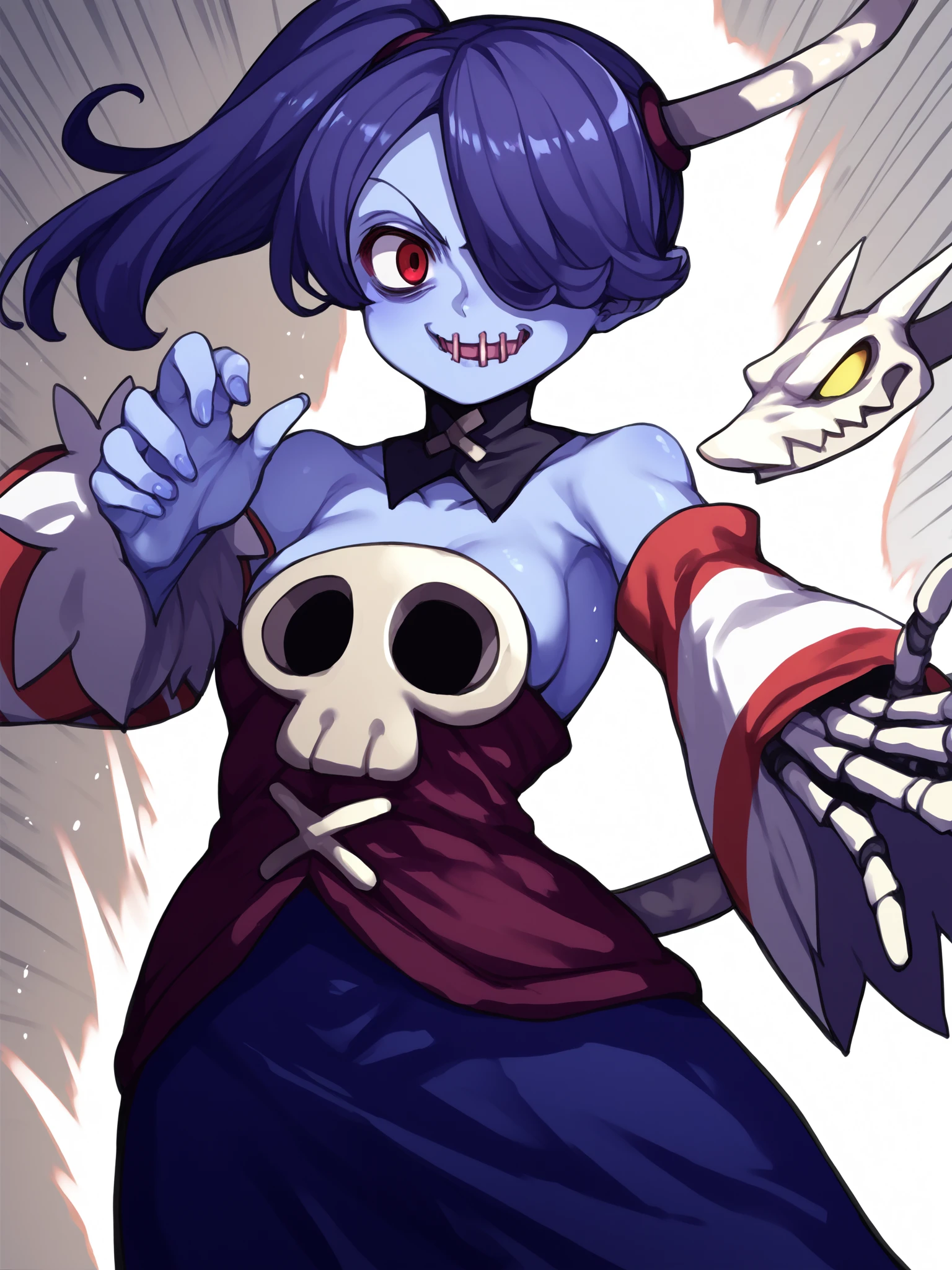 score_9, score_8_up, score_7_up, score_6_up, score_5_up, score_4_up, rating_explicit,
BREAK
squigly, 1girl, solo, long hair, breasts, smile, skirt, bare shoulders, medium breasts, detached sleeves, striped, side ponytail, detached collar, skull, blue skin, stitches, zombie, striped sleeves, stitched mouth, dynamic pose, fighting stance,