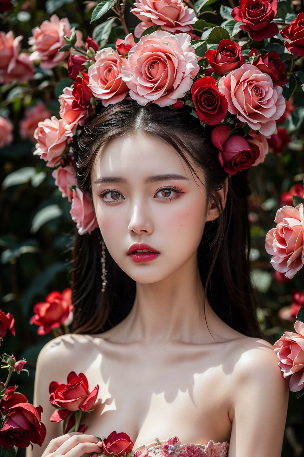 1girl,flower,solo,(Photography blockbuster:1.6),masterpiece,8k,rose,looking at viewer,makeup,red lips,long hair,red flower,petals,red rose,brown eyes,pink flower,lips,collarbone,lipstick, <lora:rose fashion:0.6>,