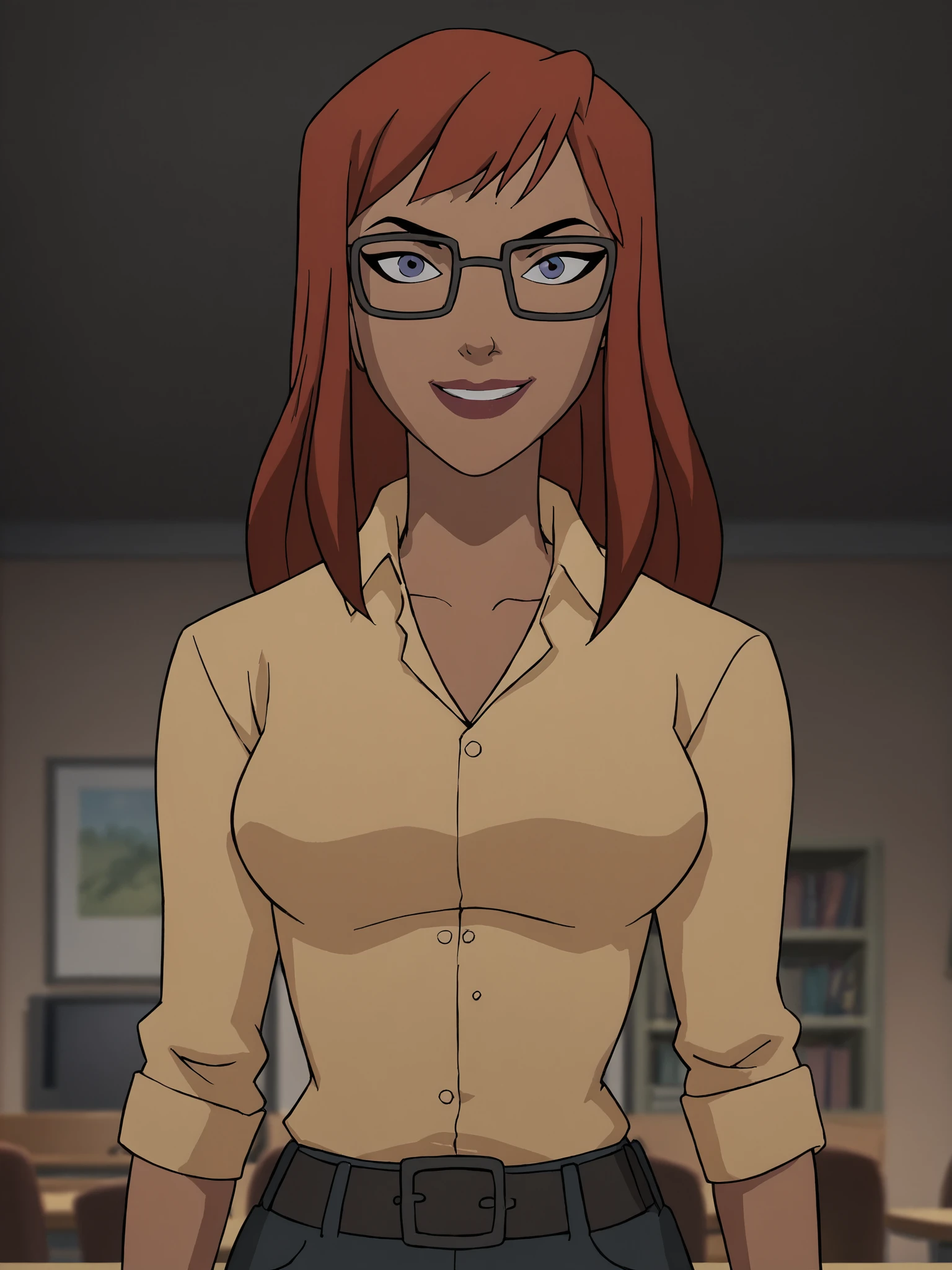<lora:BatgirlPony1.0:1> BarbaraG, 1girl, solo, glasses, looking at viewer, long hair, red hair, shirt, upper body, belt, makeup, black-framed eyewear, indoors, collared shirt, breasts, smile, looking at viewer, score_9, score_8_up, score_7_up, score_6_up, score_5_up, score_4_up