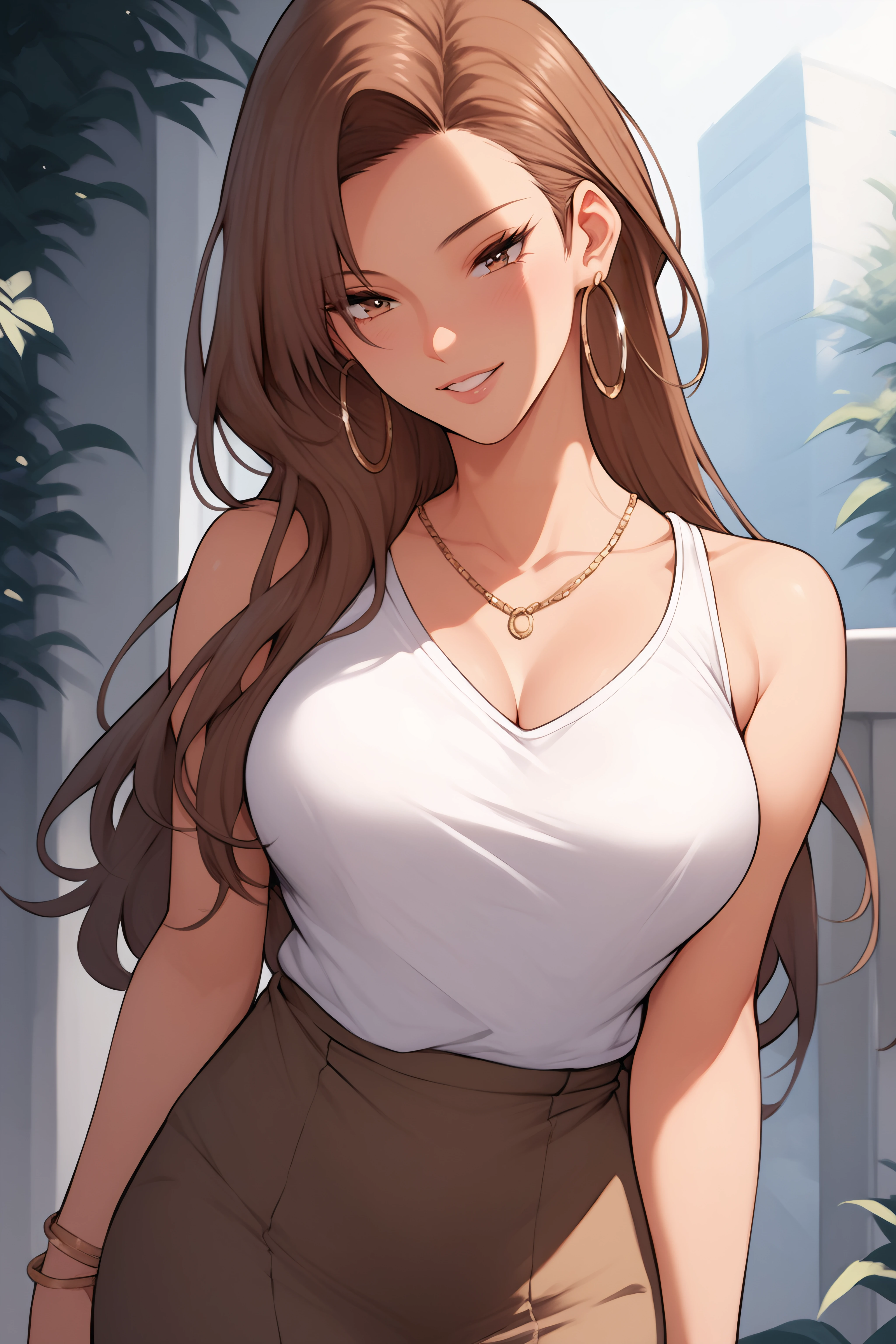 score_9, score_8_up, score_7_up, <lora:Risa Hamazaki-PonyXL-lora-Faxtron:0.8> risa hamazaki, brown eyes, brown hair, long hair, large breasts, hoop earrings, white shirt, sleeveless, brown skirt,