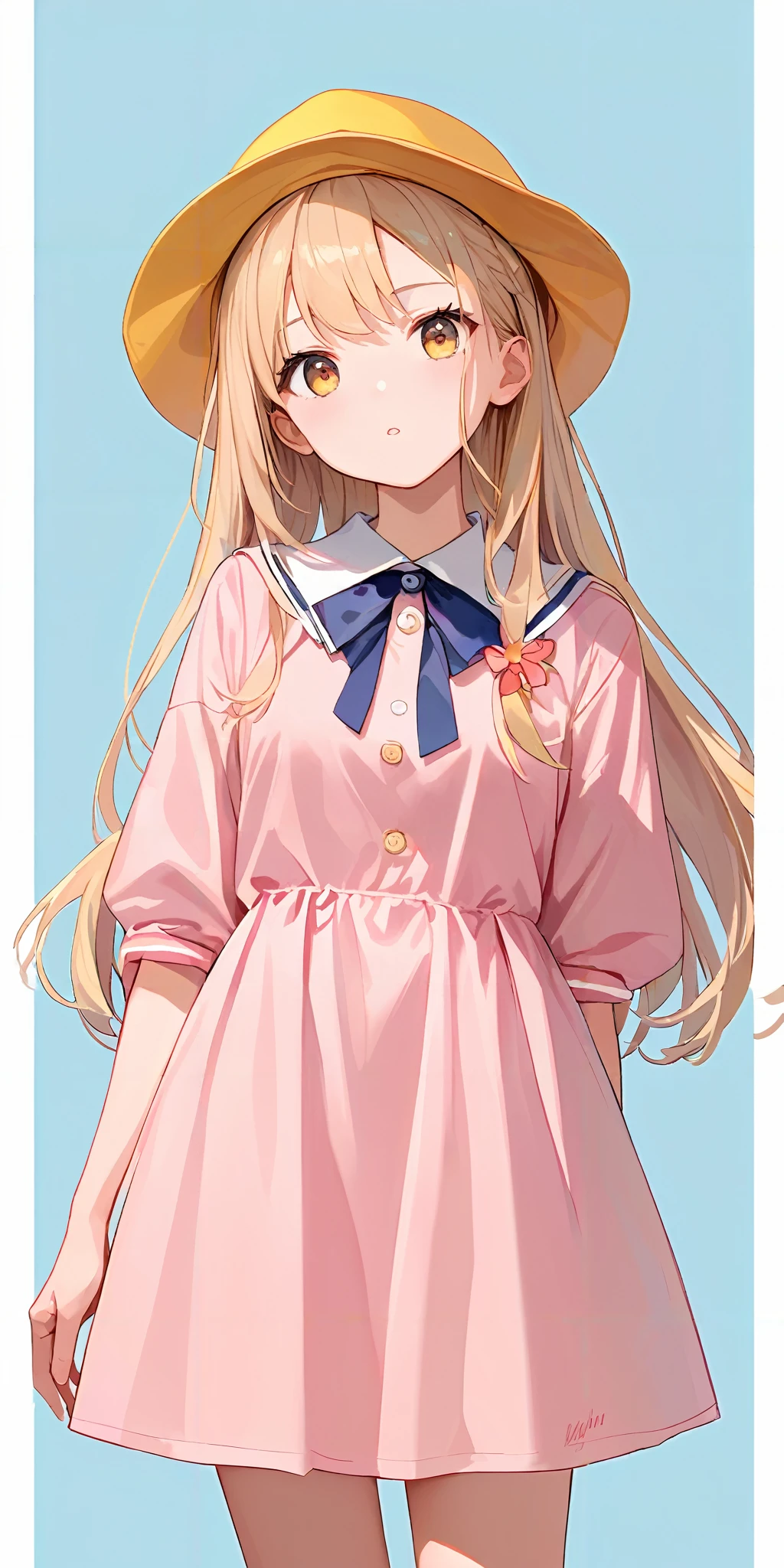 score_9, score_8_up, score_7_up,source_anime, high res image,masterpiece,best quality,girl,cute face,simple background, <lora:youchien_Pony_V1.0:0.6> jyojifuku, pink dress, yellow school hat