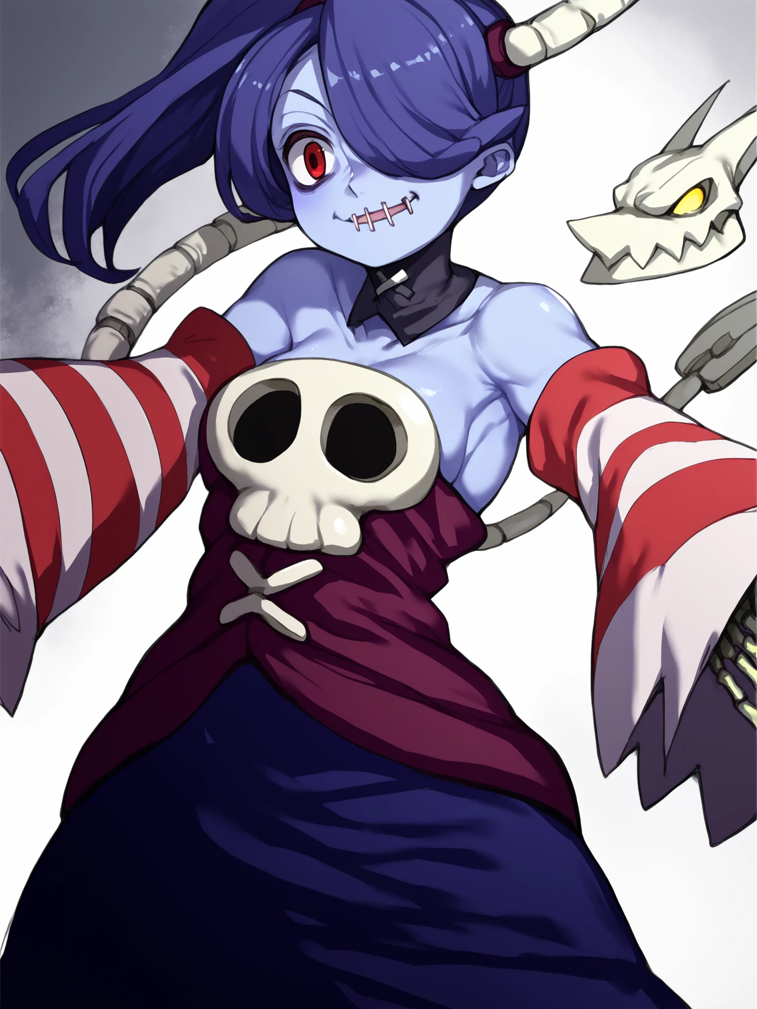 score_9, score_8_up, score_7_up, score_6_up, score_5_up, score_4_up, rating_explicit, 
BREAK
squigly, 1girl, solo, long hair, breasts, smile, skirt, bare shoulders, medium breasts, detached sleeves, striped, side ponytail, detached collar, skull, blue skin, stitches, zombie, striped sleeves, stitched mouth, dynamic pose, fighting stance,