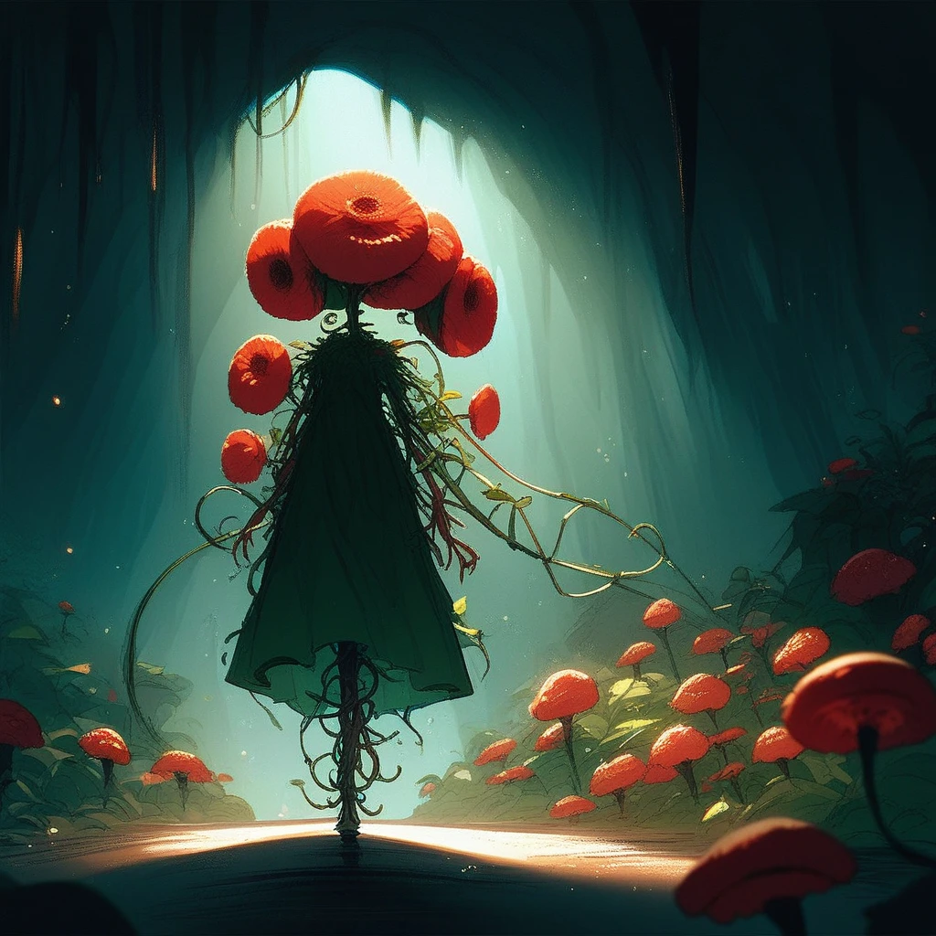 score_9, score_8_up, score_7_up, A plant humanoid, poppies sprouting from her body and face, long vine dress, walking in a cave, high quality smooth anime