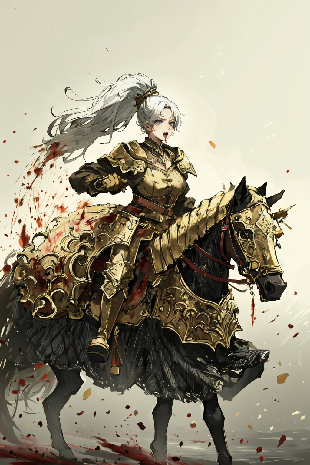 <lora:TreeSentinel1.0:0.7>,1girl,white hair,ponytail,large breasts,angry,open mouth,roaring,blood,
(blood splatter:1.2),
riding,horse,running,
full body,gradient background,from side,(motion lines:1.2),(motion blur:1.2),(dynamic pose:1.2),
(masterpiece:1,2),best quality,masterpiece,highres,original,extremely detailed wallpaper,absurdres,deta,
perfect lighting,(extremely detailed CG:1.2),detailed face,beautiful face,(detailed eyes, deep eyes),