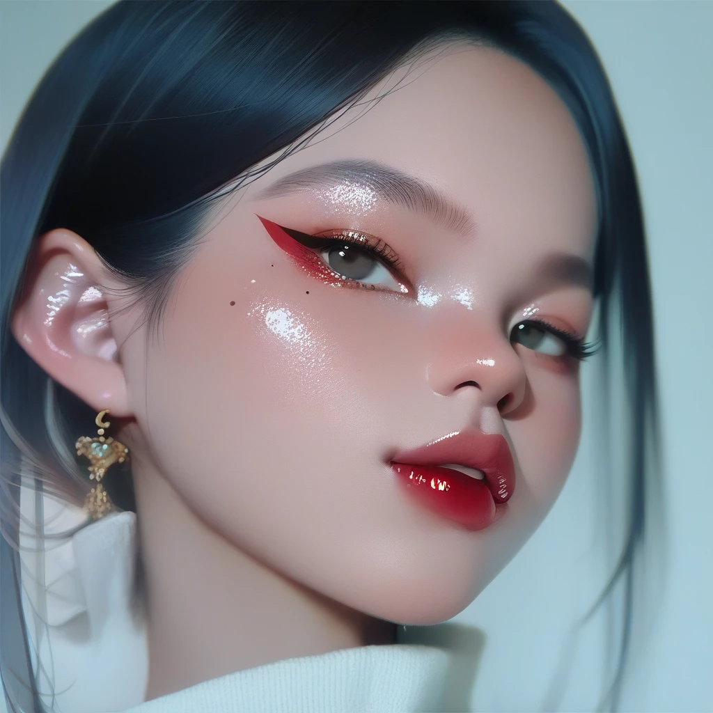 score_9, score_8_up, score_7_up, score_6_up, anime,face focus close up, a girl, pale skin, black hair, glossy red lips, gradient lips a, winged eyeliner, mascara, glitter on eyelid, dewy skin, source_anime
<lora:makeup_master_pony_v2:1>