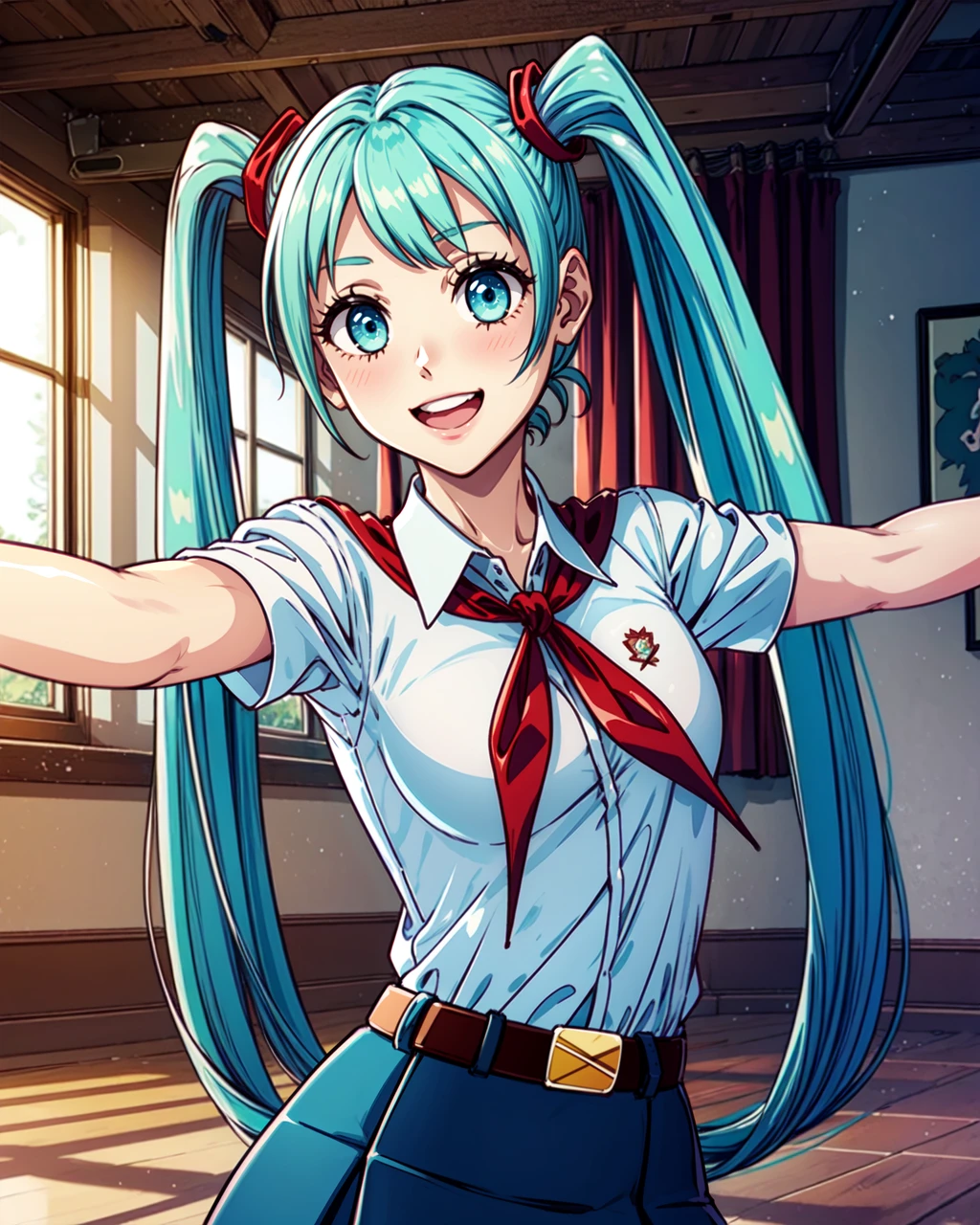 masterpiece, high quality, 1girl, blmasha, medium shot, detailed, upper body, blue eyes, blue hair, twintails, white shirt, red badge on shirt, red bow-tied neckerchief, leather belt, blue skirt, red hairpins, mouth open, smiling, indoors, music room, hands outstretched, dancing, dynamic pose, detailed hands, <lora:blmasha-04:0.75>,  <lora:add_detail:0.75>