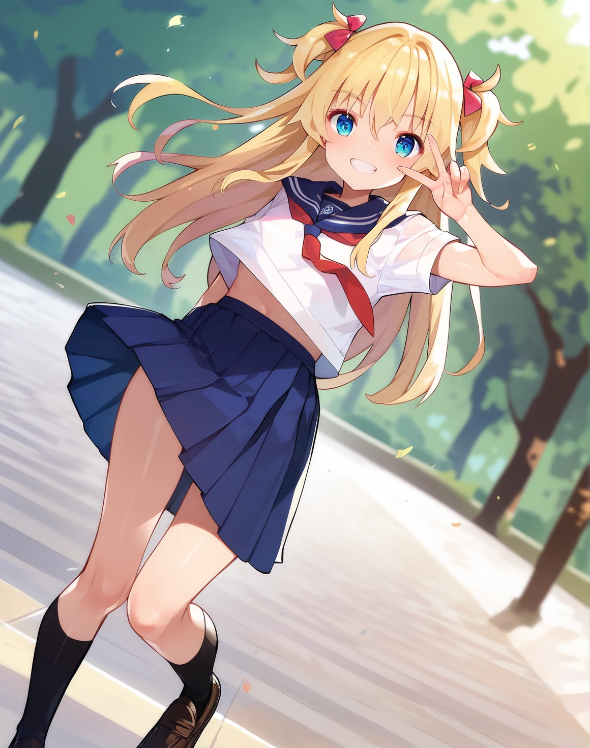 score_9, score_8_up, score_7_up,score_6_up, 1girl standing in the park, blonde, smile, two side up, serafuku, v, loafers, dutch angle, 
  <lora:caburi_style_pony6_v1-000018:.9>