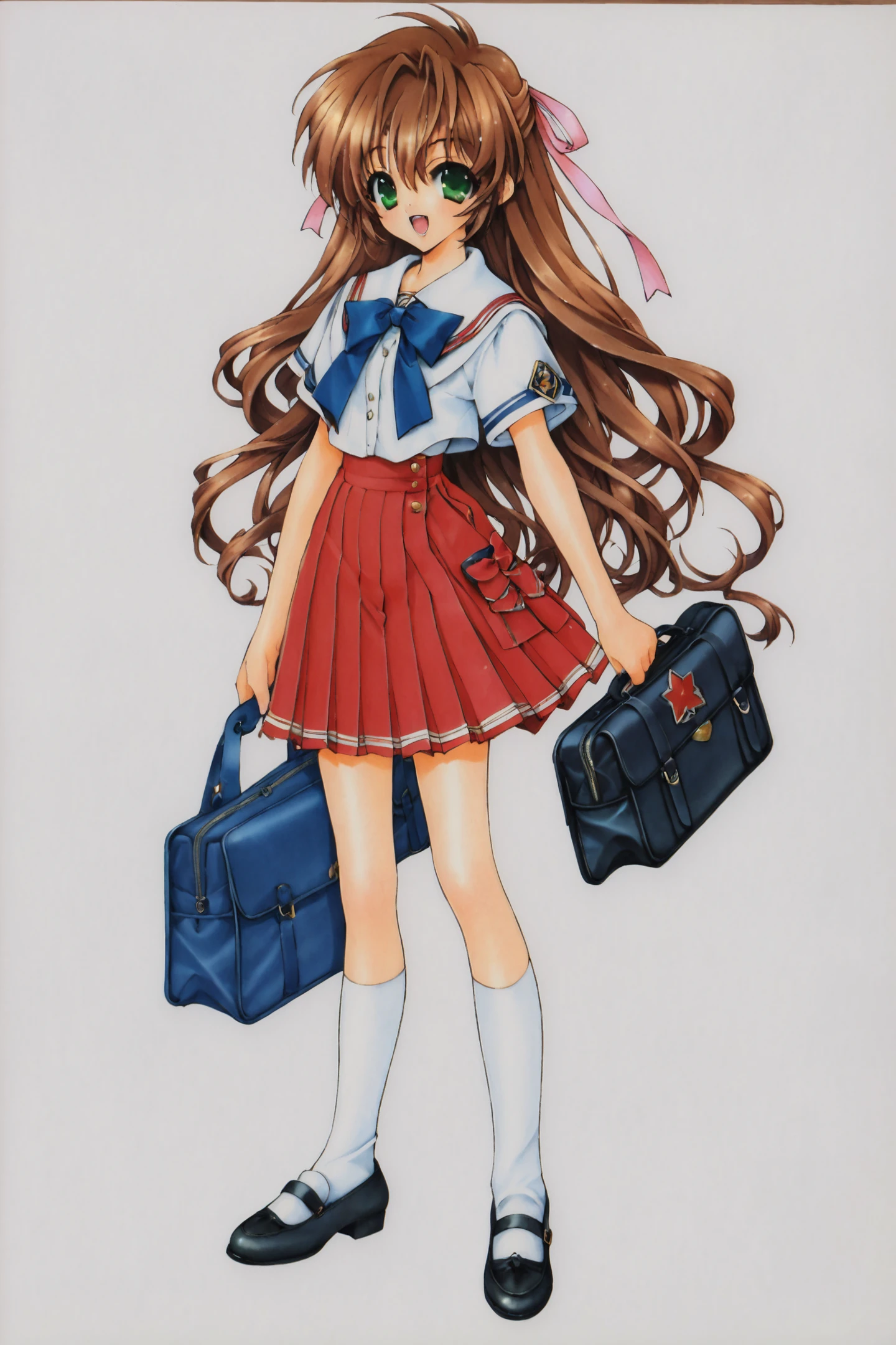 score_9,score_8_up,score_7_up,masterpiece,best quality,very aesthetic,absurdres,official art,official style,
1girl,solo,green eyes,long hair,school uniform,skirt,brown hair,ribbon,shoes,socks,mary janes,hair ribbon,pleated skirt,bag,school bag,very long hair,red skirt,standing,full body,open mouth,short sleeves,white socks,kneehighs,smile,simple background,white background,traditional media,
<lora:Ramiya Ryou_XL_PONY:0.8>,