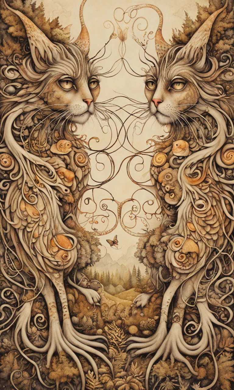 serco style, fantasy illustration, twin creatures, flora and fauna symbiosis, entwined feline forms, mesmerizing gaze, surreal environment, intricate patterns, organic textures, mystical ambiance, spirited beings rooted in an enchanted forest, synergy of life and imagination,<lora:serco3_XL:1>