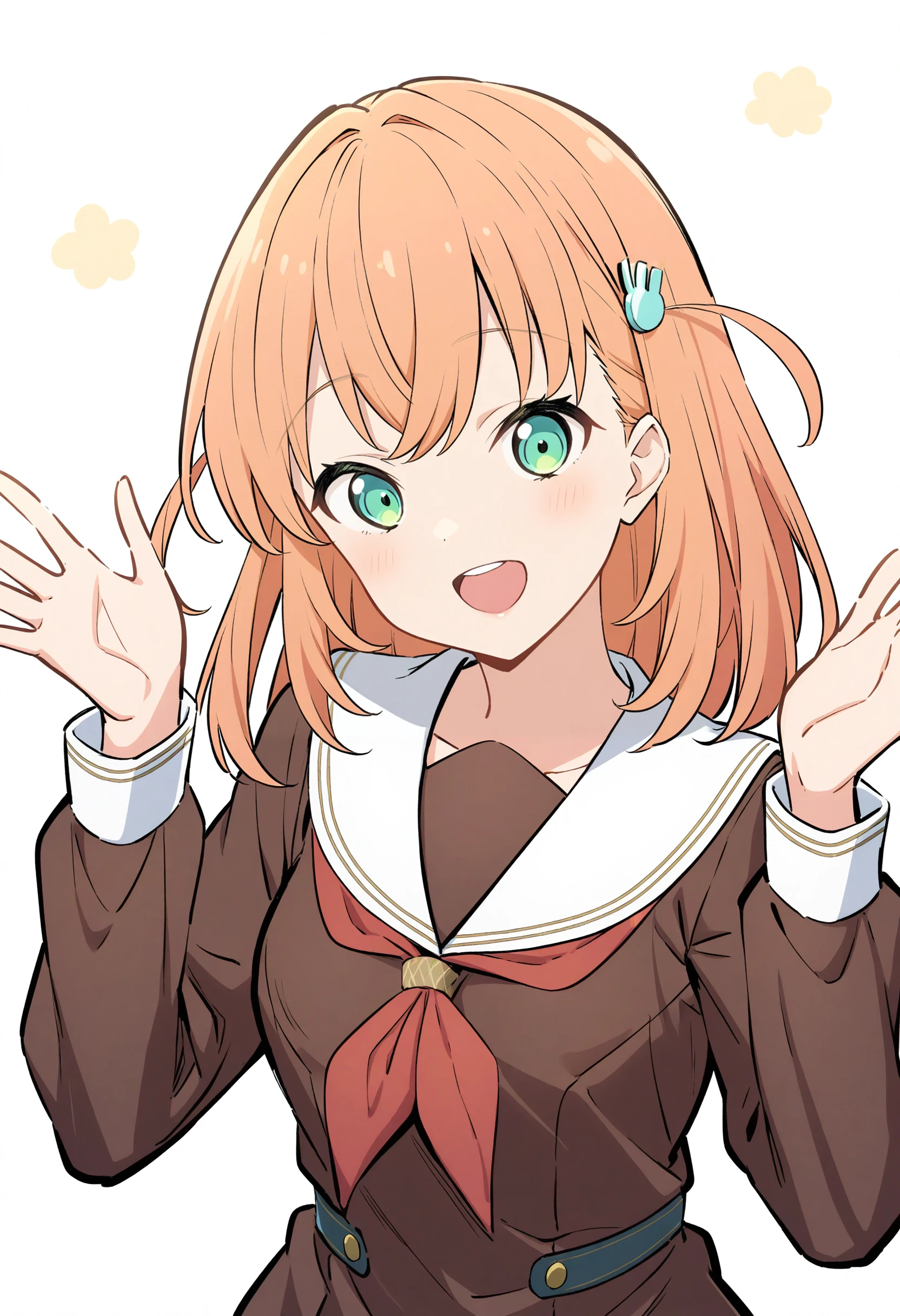 cute, 1girl, smie, looking at viewer, smile,
simple background, white background,
<lora:A_XL_Hinoshita Kaho v4_Animagine31:1> hinoshita kaho, hair ornament, orange hair, green eyes,
brown serafuku, white sailor collar, red neckerchief, long sleeves,