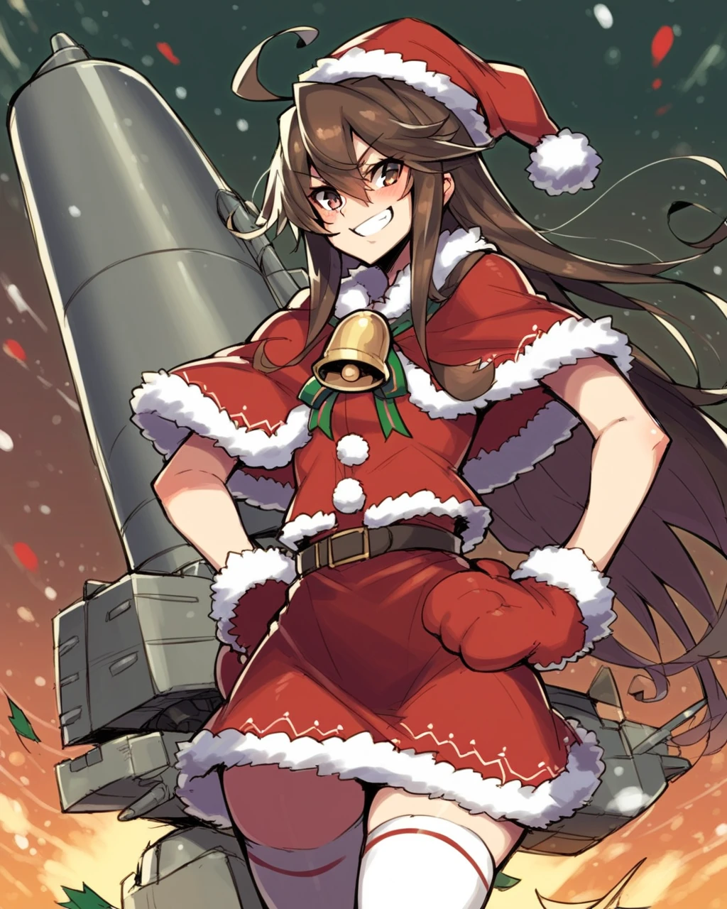 score_9, score_8_up, score_7_up, score_6_up, 1girl, kuma (kancolle), long hair, huge ahoge, white thighhighs, brown hair, brown eyes, santa costume, smile, merry christmas, santa hat, bell, fur trim, red dress, red mittens, red gloves, cowboy shot, capelet, fur-trimmed dress, grin, looking at viewer, machinery, hand on own hip, blush , drawnin the artstyle of <lora:Tonami_Kanji_Style_Pony_XL:1>