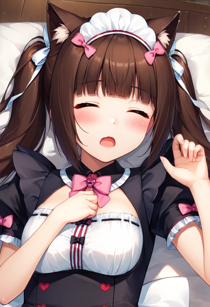 PonyXLV6_Scores ,source_anime, original anime style, masterpiece,best quality, highly detailed,<lora:xl_more_art-full_v1:0.8>,cinematic,volumetric light,
BREAK
 <lora:chocola:0.8>chocola,1girl, long hair, blush, open mouth, bangs, brown hair, ribbon, animal ears, twintails, closed eyes, hair ribbon, solo focus, cat ears, blunt bangs, maid, maid headdress,lying,