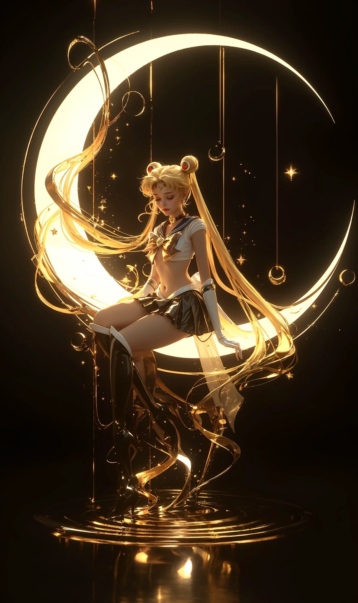 (8k, RAW photo, highly detailed,masterpiece, highest quality),rich colors,high contrast,film still,full shot body photo of the most beautiful artwork in the world,cinematic light,fantasy,highres,(detailed face),
xuer Sailor Moon,1girl,long hair,tsukino usagi,solo,blonde hair,skirt,twintails,sailor senshi uniform,very long hair,boots,crescent moon,closed eyes,sailor moon,sitting,hair bun,knee boots,jewelry,pleated skirt,magical girl,double bun,gloves,elbow gloves,sailor collar,crescent,full body,moon,high heels,earrings,white gloves,star \(symbol\),miniskirt,bow,choker,white shirt,high heel boots,hair ornament,shirt,black background,sleeveless,
high gloss,extremely beautiful skin,natural skin texture,(pale skin, real_skin),(Milky skin:1.2),(shiny skin:1.5),(high_heels:1.2),
<lora:xuer Sailor Moon_20240329152018:0.8>,