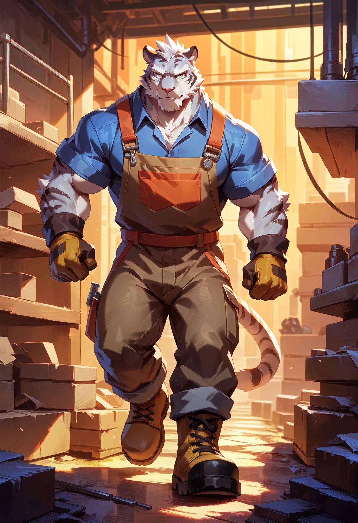 felid, tiger, by lindong,
anthro, solo, male, muscular,
(white eyebrows, white fur, white body:1.4),
clothed, topwaer, bottomwear, footwear, handwear, (gloves), boots,
worker, (factory uniforms, work wear style), detailed background,
anime artwork, anime style, key visual,
vibrant, studio anime, highly detailed