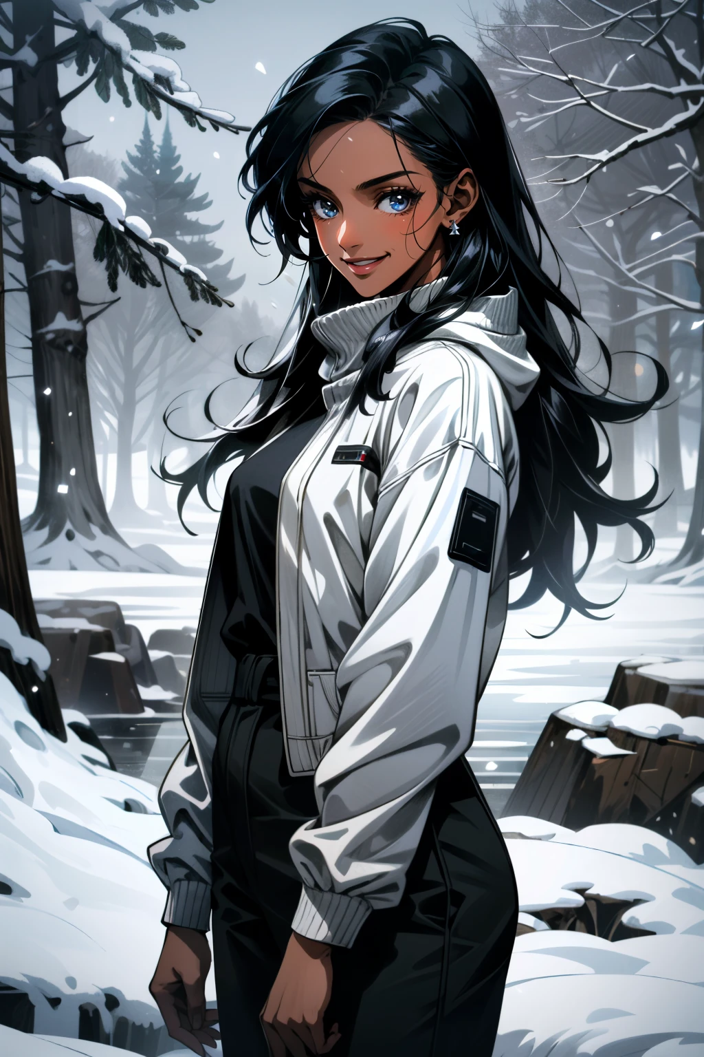 ((ultra detailed, masterpiece, absurdres))
 <lora:MEBrooks:0.8>
MEBrooks, 1girl, dark skin, black hair, long hair, in a winter wonderland, cowboy shot, winter clothing, smile