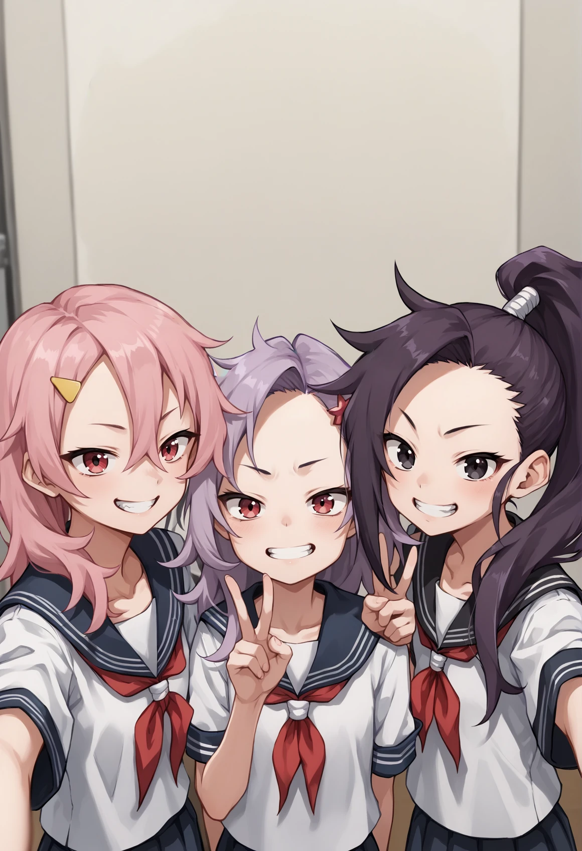 3girls, selfie, serafuku, very long hair, black hair, high ponytail, high ponytail, black eyes, medium hair, purple hair, red eyes, ponytail, long hair, pink hair, pink eyes, messy hair, hairpin, v. teeth <lora:tsubaki_kunoichi:1>, score_9, score_8_up, score_7_up, score_6_up, score_5_up, score_4_up, BREAK source_anime, masterpiece