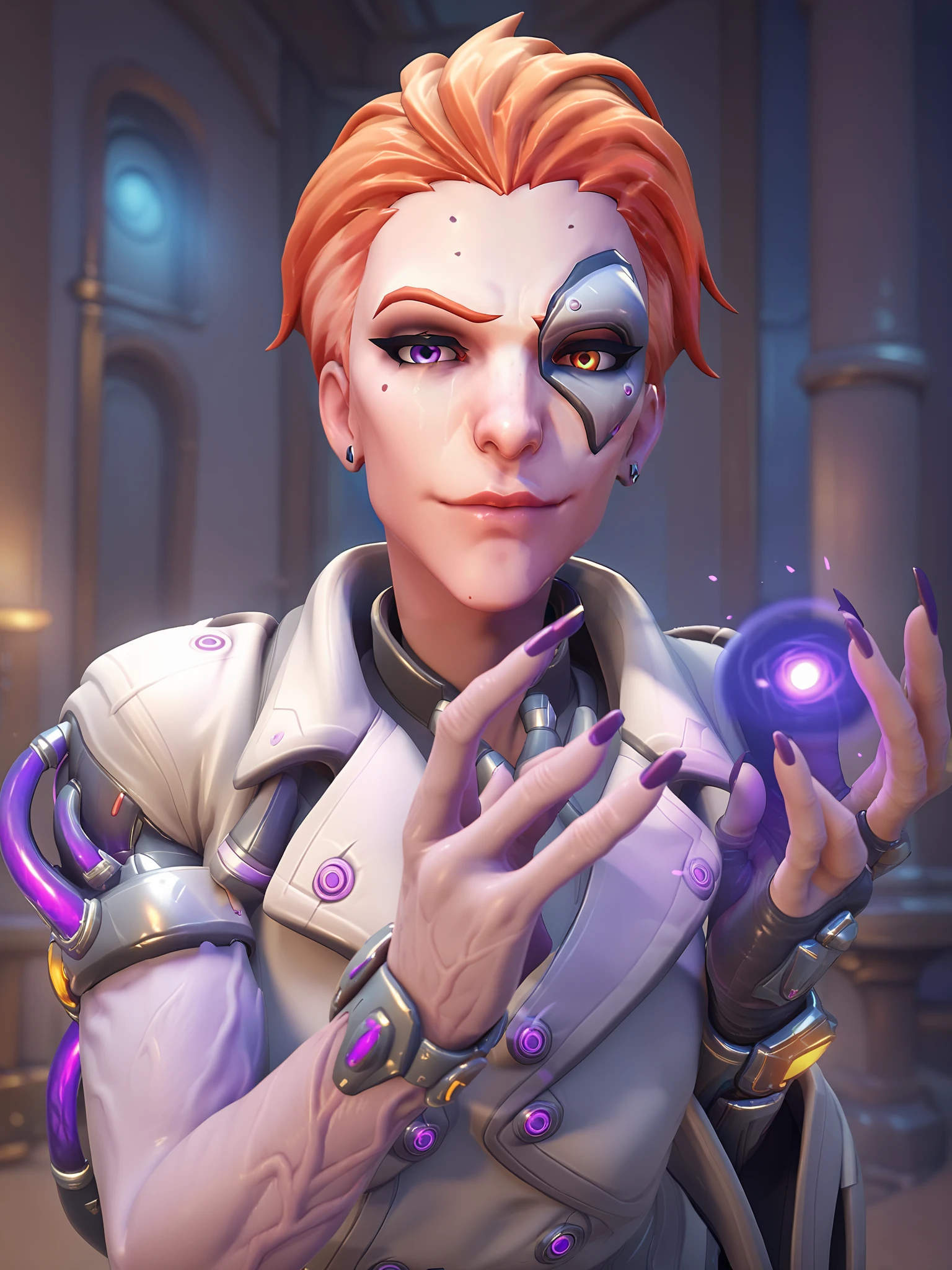 score_9, score_8_up, score_7_up,score_6_up, highly detailed, (1girl) , solo focus, full bodyshot, moiraow2, moira (overwatch) , heterochromia, purple arm, mask, wearing a labcoat, in a lab <lora:MoiraOW2-000035:.8>