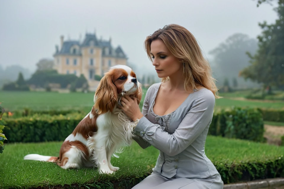 <lora:Noble_Dogs_XL_CKCS_E27:0.9>  NOBLEDOGS_CKCS, remarkable ultra-realistic portrait of an elegant victorian mature woman woman who is playing with (cavalier person spaniel dog:1.3) in early morning noble garden in front of foggy French landscape with luxurious mansion in background fog, woman presenting her artistic hands which have anatomically correct five fingers BREAK ([(3d game concept with ground made of voronoi-shaped prismatic voxels:1.2) : ultra-realistic organic shapes with wet surface and reflections :0.42]:1.4), art by mooncryptowow, (dreamy natural morning light with rim lighting and soft focus and light leaks with shallow dof and swirly bokeh, view from_below, low angle view:1.1), (masterpiece, award winning artwork), many details, extreme detailed, remarkable