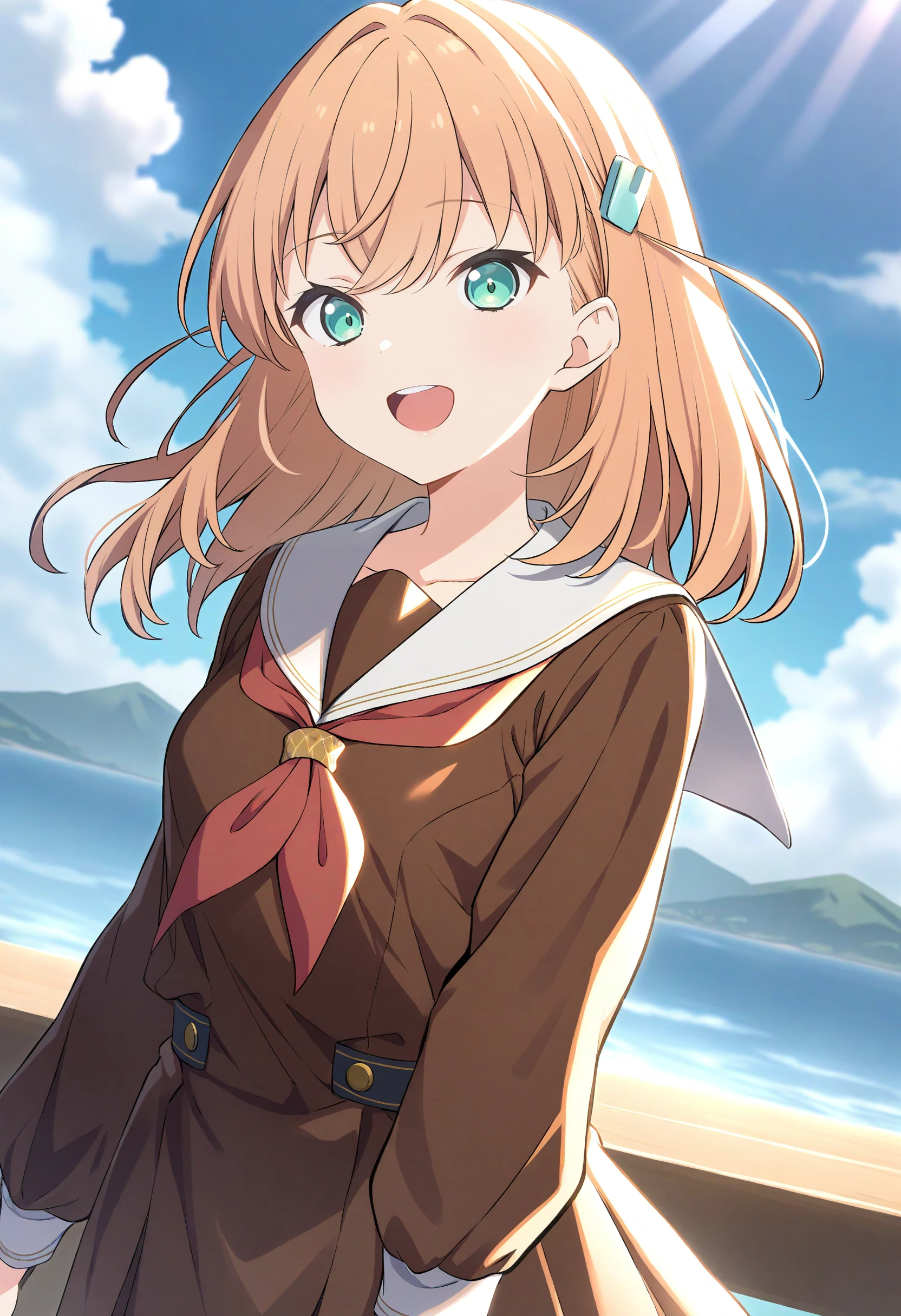 cute, 1girl, smie, looking at viewer, standing, blue sky, sunlight, cloud, 
 <lora:A_XL_Hinoshita Kaho v4_Animagine31:1> hinoshita kaho, hair ornament, orange hair, green eyes,
brown serafuku, white sailor collar, red neckerchief, long sleeves,
