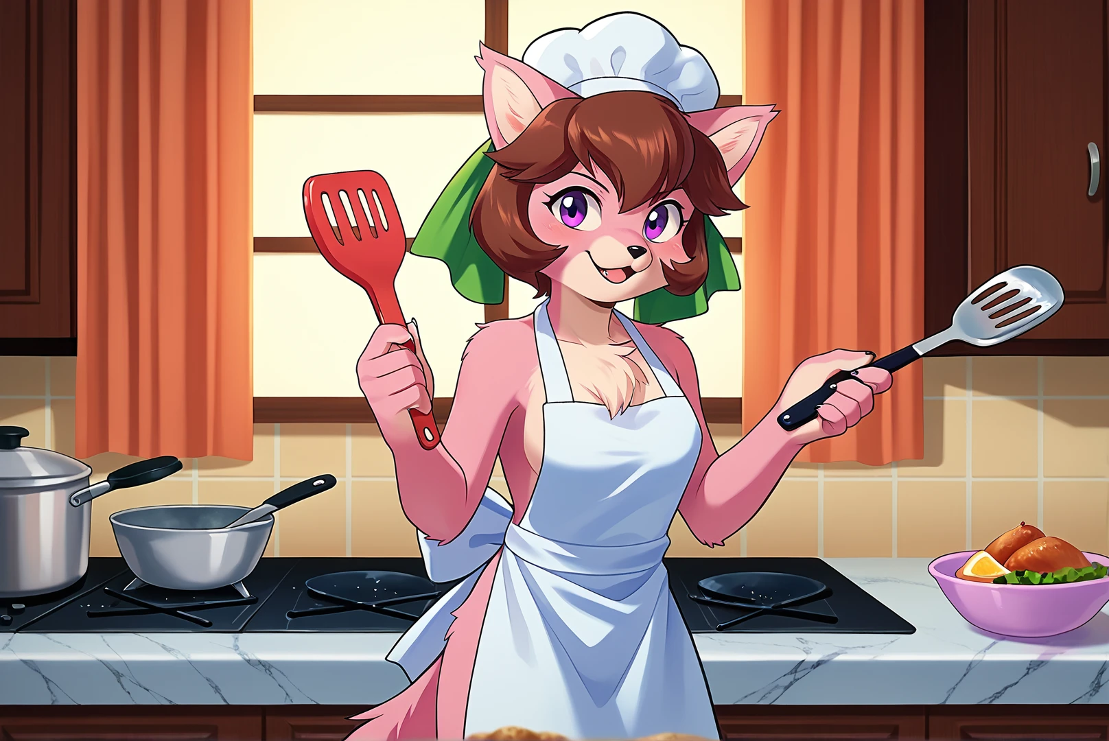 boy, squirrel, furry, bodyfur, tail, collar, bra, bottomless, gloves, boots, chibi, sparkling eyes, idol, hair bow, happy, full body, penis, testicles, cooking, kitchen, apron