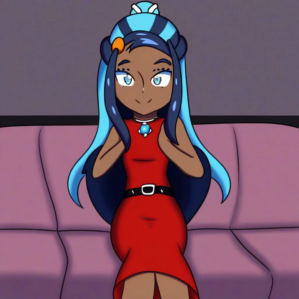 solo, 1girl, nessa/(pokemon/), alternate costume, dark skin, dark-skineed female, long hair, blue hair, blue eyes, red dress, belt, black belt, smile, sitting, indoors, couch