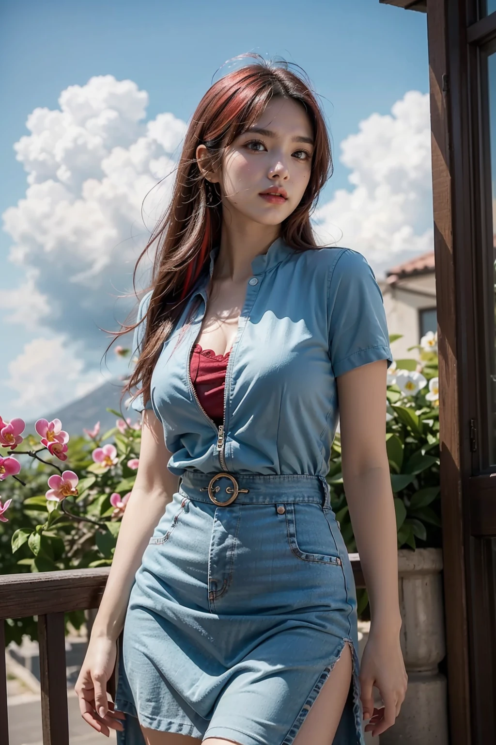 ((RAW photo:1.2)), ((masterpiece:1.2, best quality:1.2)), highres, 8k, amazing, (photo-realistic:1.4), naturalness, ultra detailed, (best shadow), (exquisitely detailed real skin texture, Detailed shiny skin), (perfect anatomy:1.7), (cinematic lighting), glowing eyes, glowing lips,
BREAK
Official Art, Beautiful and Aesthetic, concept art, sharp focus, scenery,
1girl, solo, long hair, jacket, white hair, red hair, multicolored hair, sky, shorts, day, cloud, blue sky, short sleeves long skirt dress, orchid flowers, petals, ((mystical background))