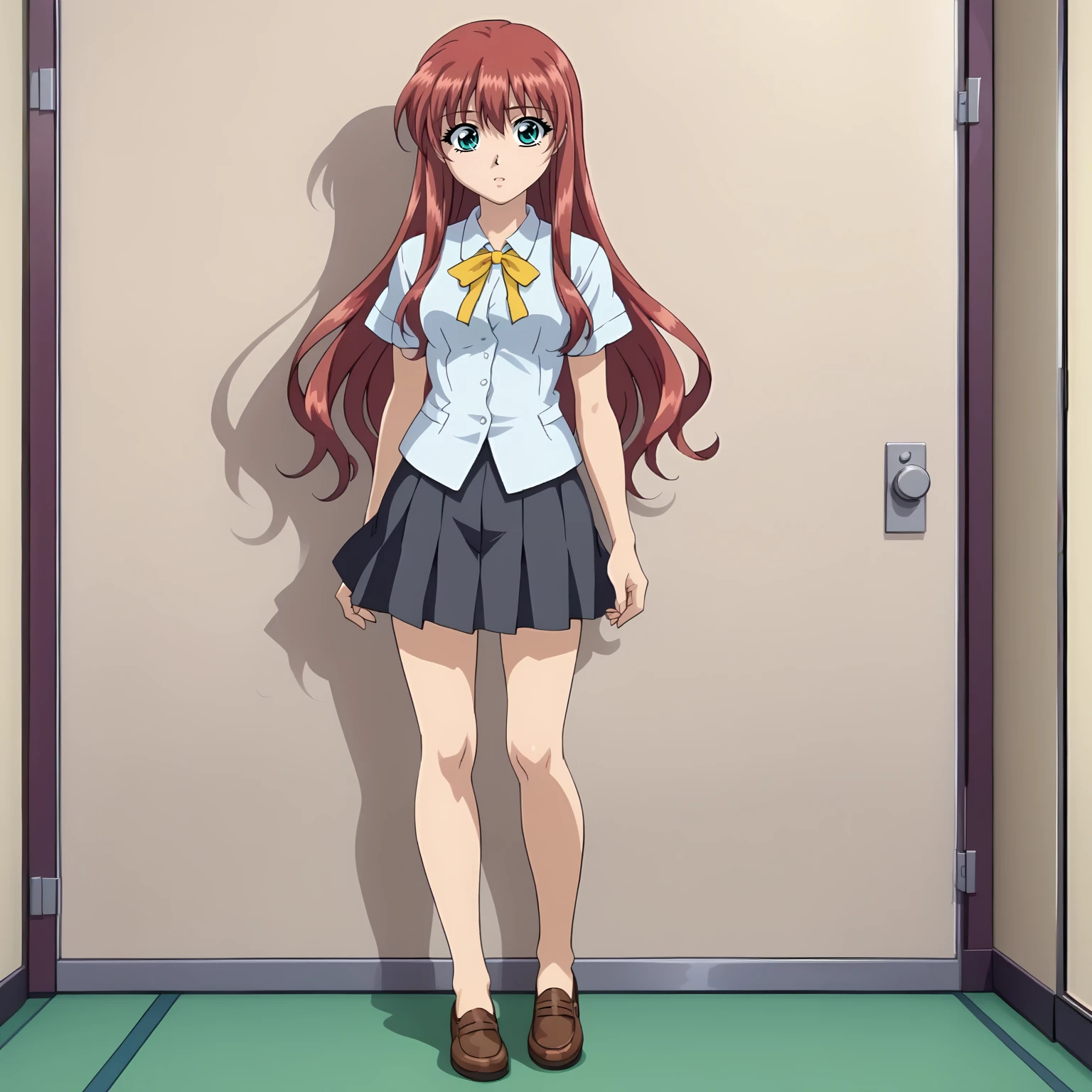 <lora:MitsukiAkasakaXLpony001>,
solo,
MitsukiAkasaka,1girl,red hair,long hair,aqua eyes,
white shirt,neck ribbon,yellow ribbon,short_sleeves,
black skirt,pleated_skirt,
full body,standing,
