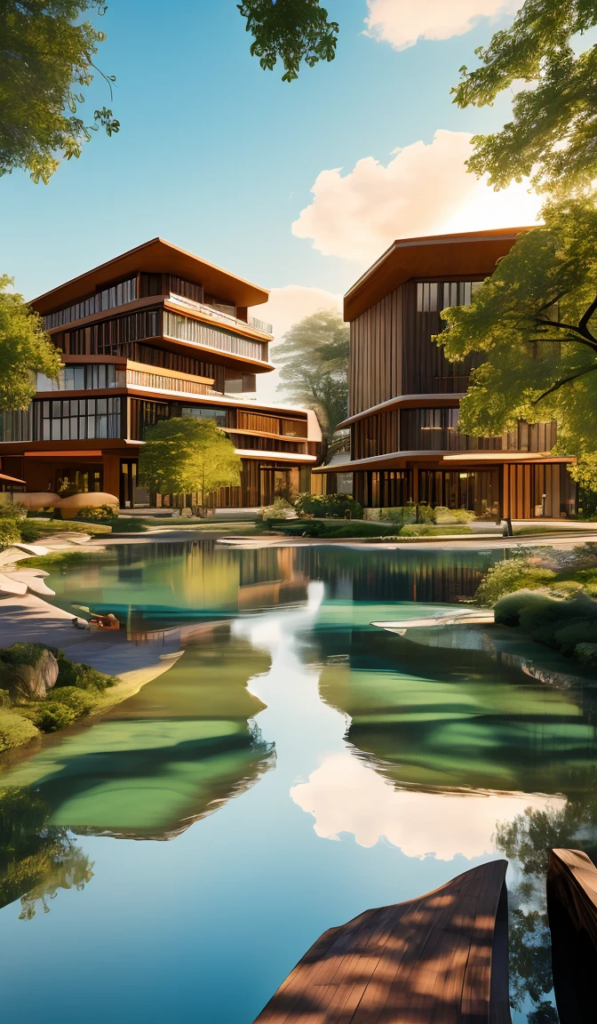 a beautiful rendering of a commercial district near by lake, rolling mountains, (low rise buildings with wood and green roofs near water), designed by SOM and OMA and SASAKI, [[a amazing museum designed by zaha near by water]], Headquarters of the world's top companies designed by apple, beautiful park and landscape in front of water with people activity, [abundant aquatic plants and birds and kayaks in river], [water sports], [[clear sky and sunlight]], [reflection], [[hyper detailed]], architecture rendering , modern architecture, 8k, vray render, [shenzhen China], [sunset], clouds, 35mm photography, urban design, [reality effect], Nature, [regular lines], simple geometry