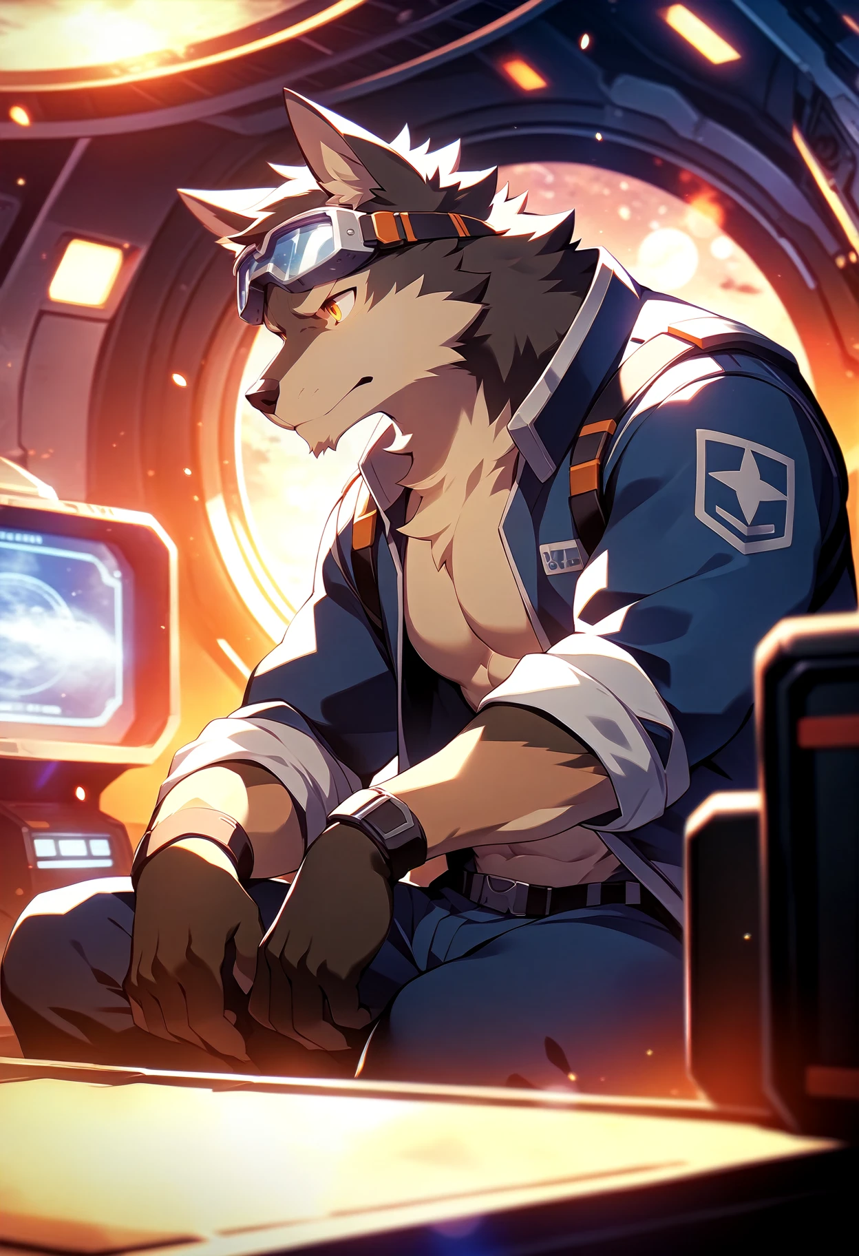 canid, wolf, by gundanw,
detailed background, inside, space base,
anthro, solo, male, barazoku, fully clothed,
goggles on head, abs, boxers,,
cinematic still, emotional, harmonious, vignette,
highly detailed, high budget, bokeh, cinemascope,
moody, epic, gorgeous, film grain, grainy