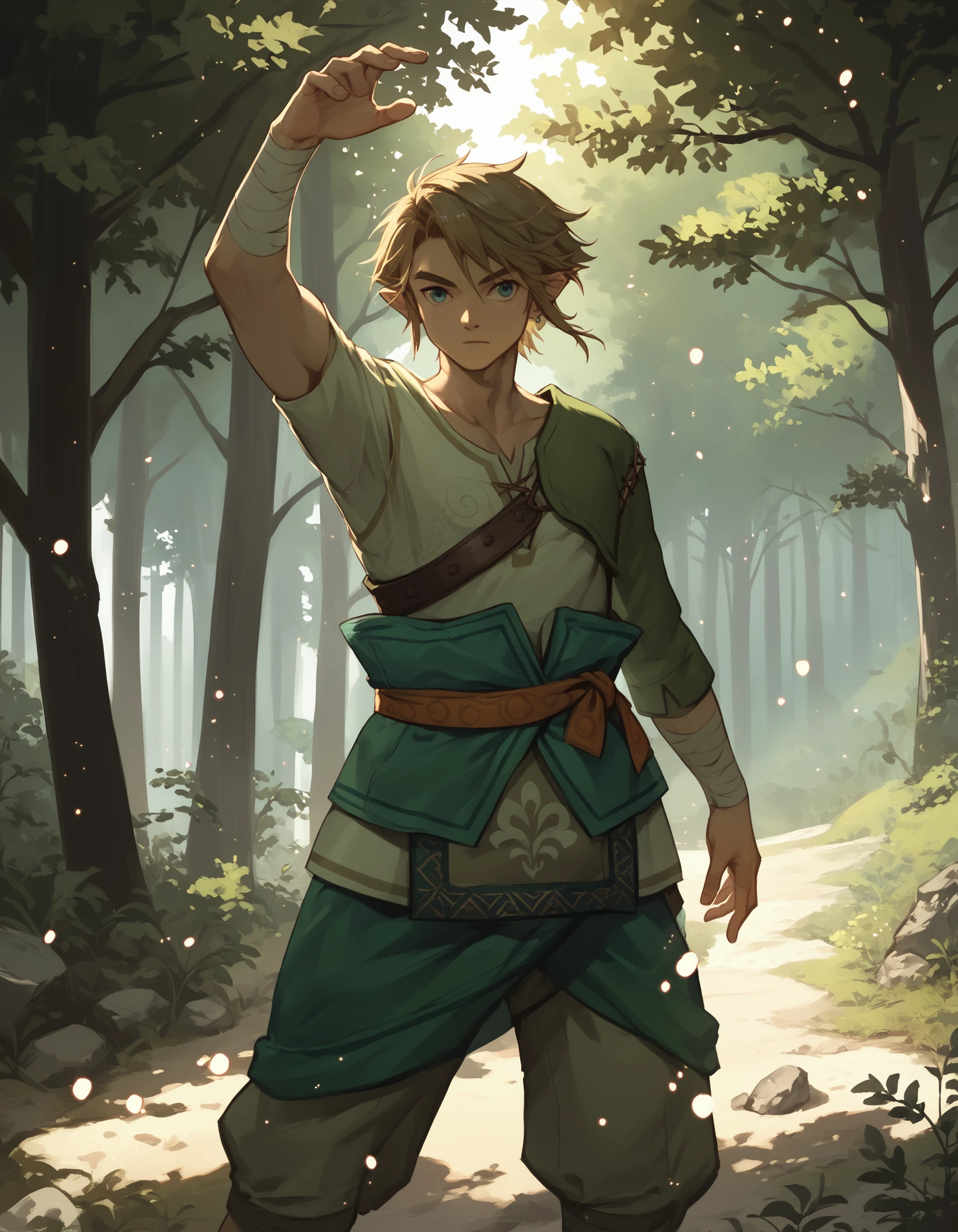 score_9, score_8_up, score_7_up, score_6_up, 1boy, tprdnlnk, solo, asymmetrical sleeves, cowboy shot, dynamic pose,
sunlight, light particles, forest,
<lora:tp_ordon_link_tprdnlnk_ponyxl_v1-000130:1>