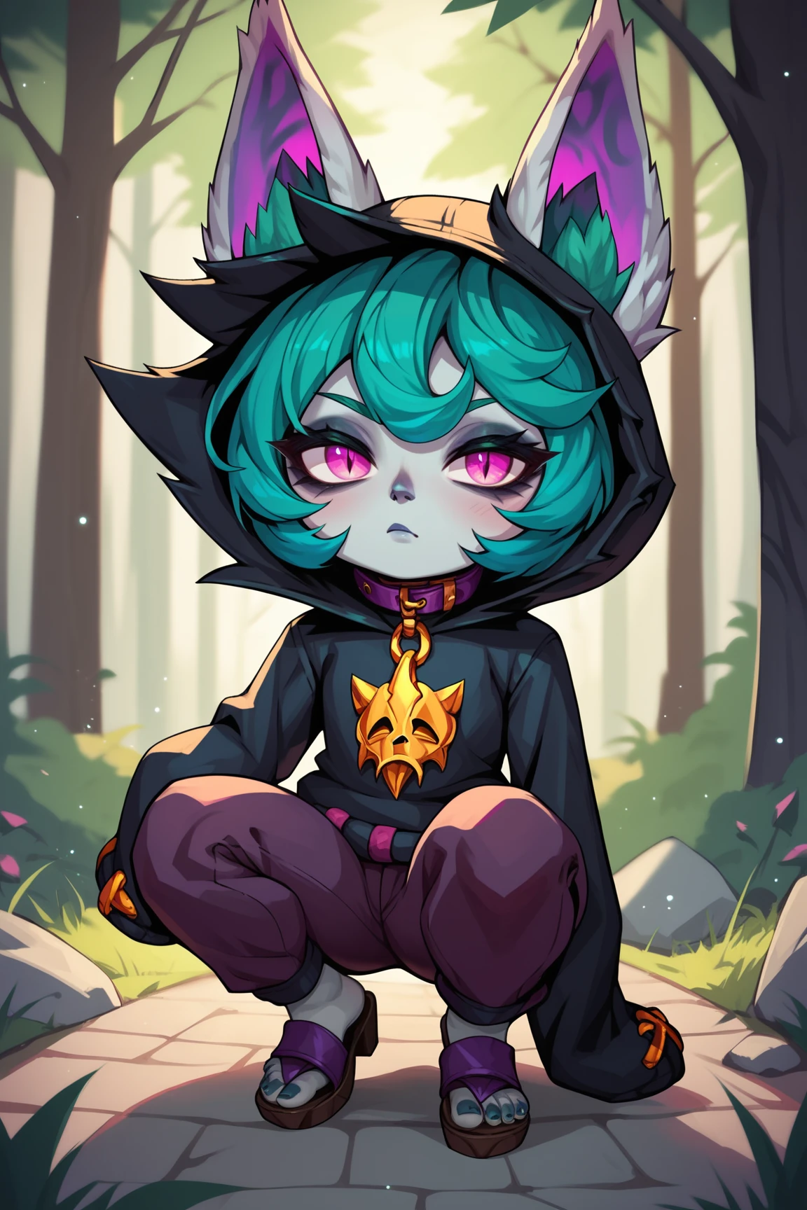 score_9, score_8_up, score_7_up, score_6_up, score_5_up, score_4_up, VexLoLXL, yordle, shortstack, pink eyes, green hair, bangs, short hair, grey skin, colored skin, black hood, hood up, ears through headwear, white animal ears, black shirt, purple collar, golden ornament, long sleeves, sleeves past wrists, purple pants, sandals, squatting, looking at viewer, forest, tree <lora:VexLoLXL:0.7>
